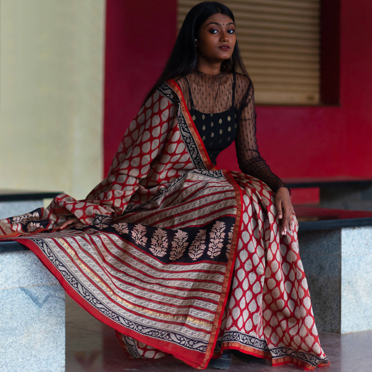 Handblock Saree | Chanderi Saree | Red、mySite、camillekostekn