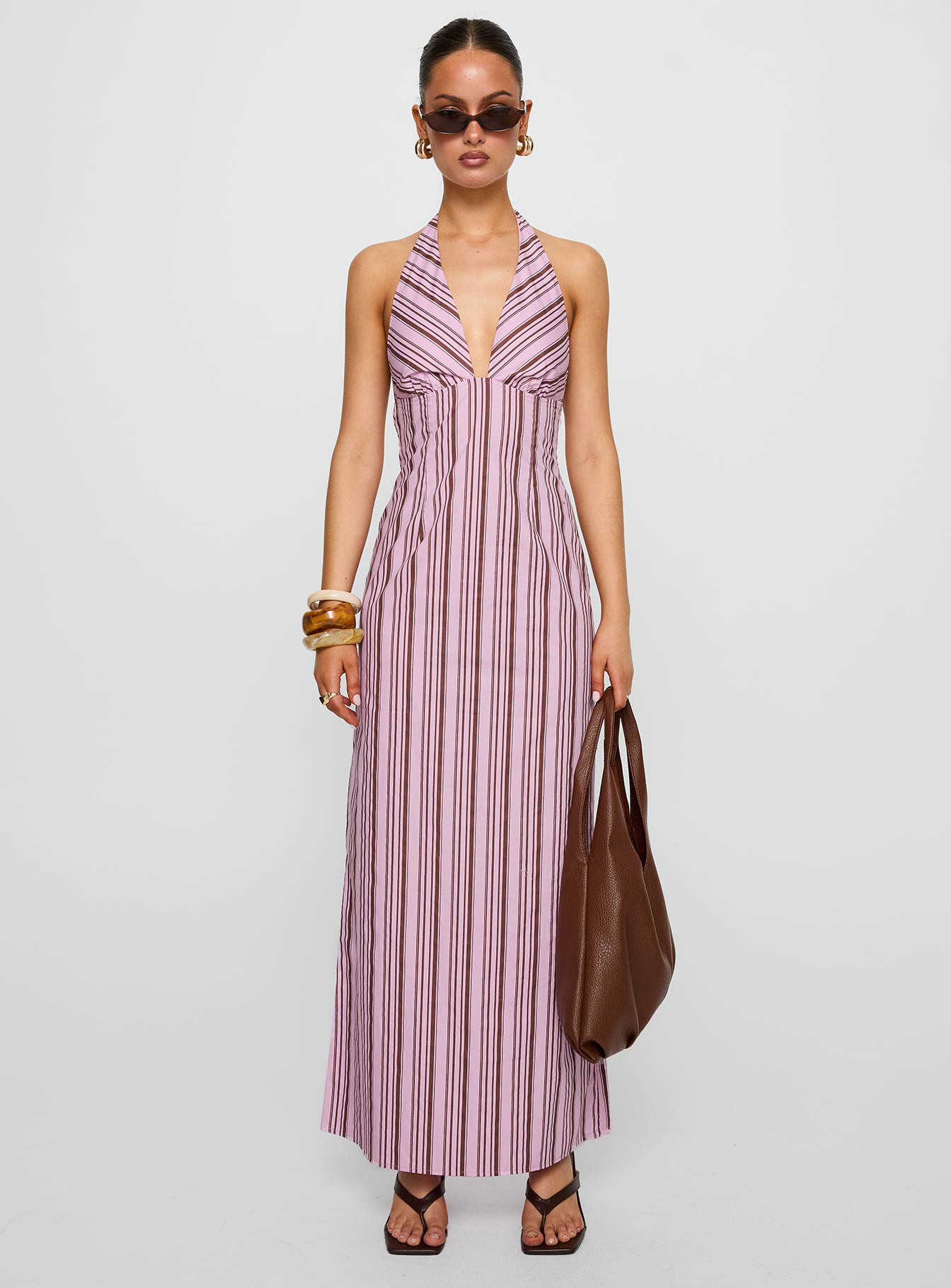 Avrie Halter Maxi Dress Pink / Brown Stripe、mySite、solidvoid