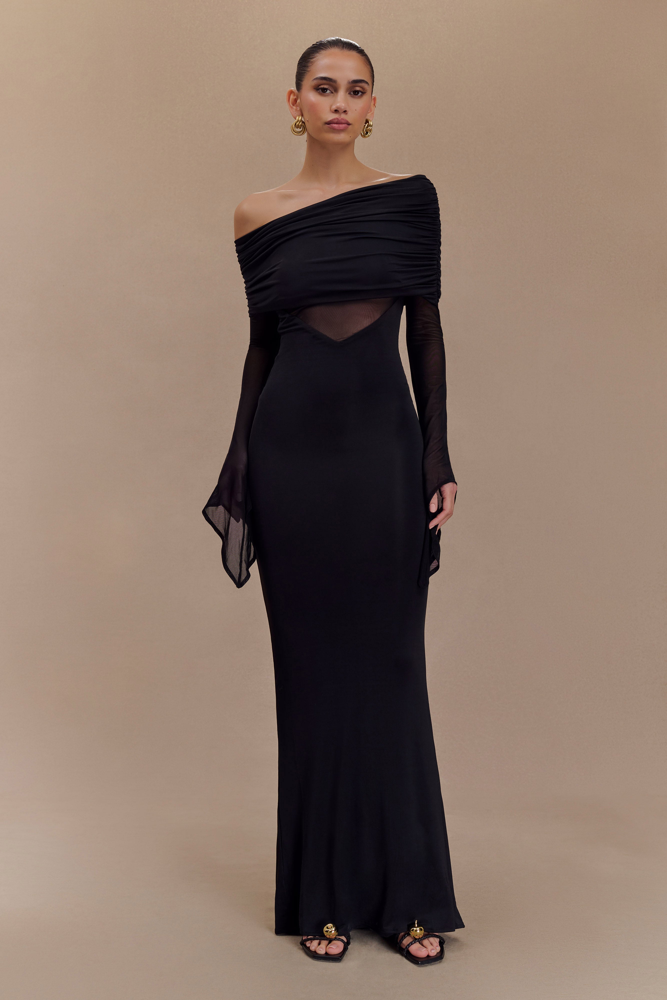 Kaitlin One Shoulder Slinky And Mesh Maxi Dress - Black、mySite、solidvoid