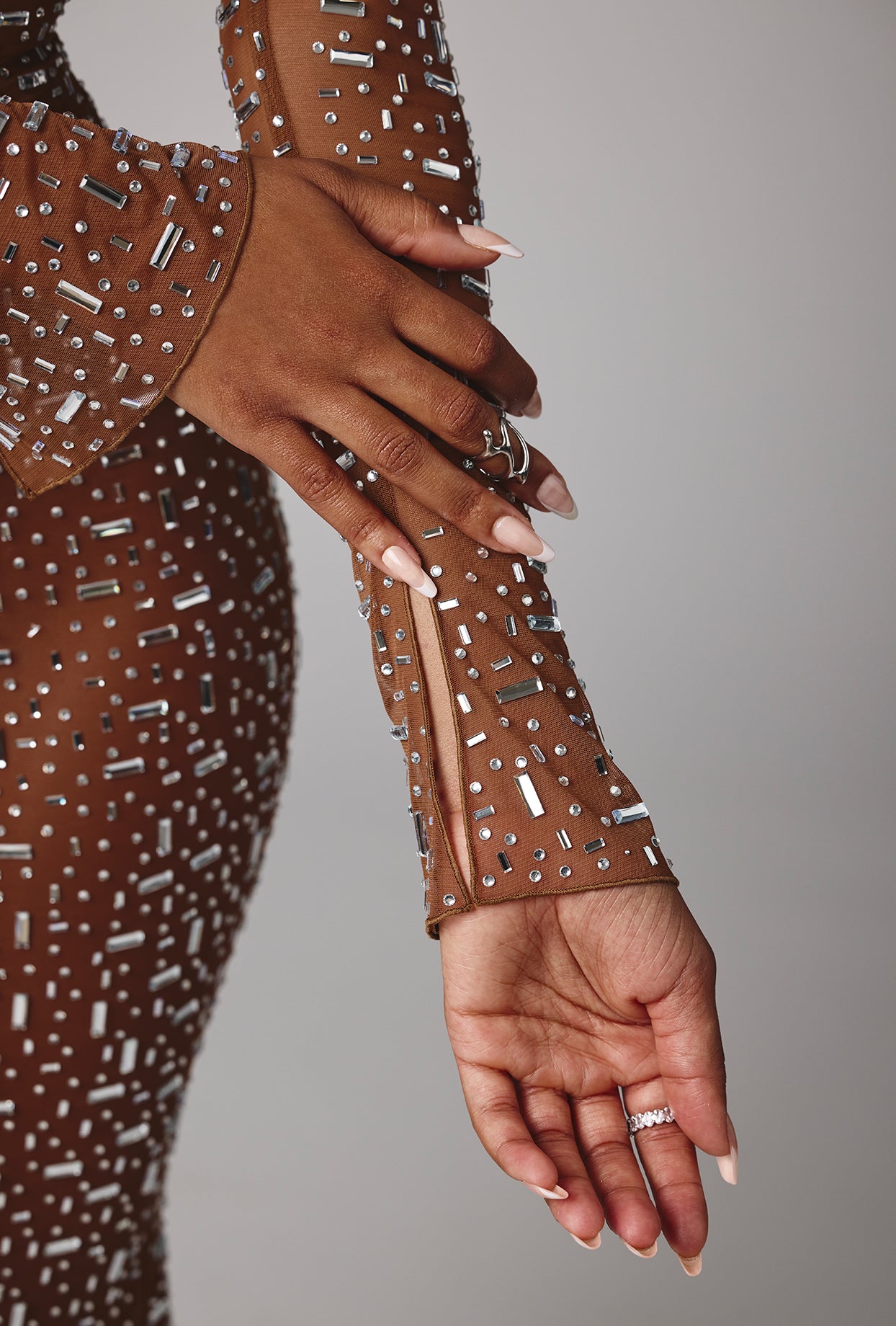 Sheer Embellished Long Sleeve Evening Gown in Mocha、mySite、solidvoid