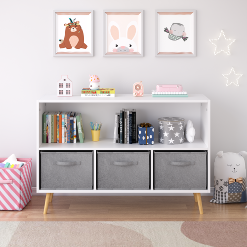 Kids bookcase with Collapsible Fabric Drawers, Children's Book Display, Toy Storage Cabinet Organizer, White/Gray、、casual