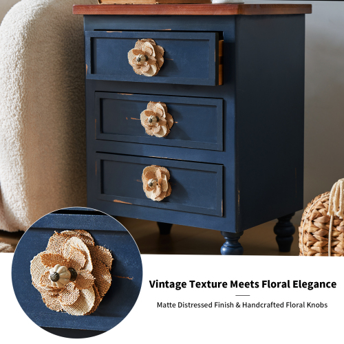 Vintage Farmhouse End Table with Floral Knobs – 19" Rustic Nightstand with 3 Drawers & Gourd Legs,Bedside or Sofa Accent Table, Almost Fully Assembled, Blue、、xpatfood