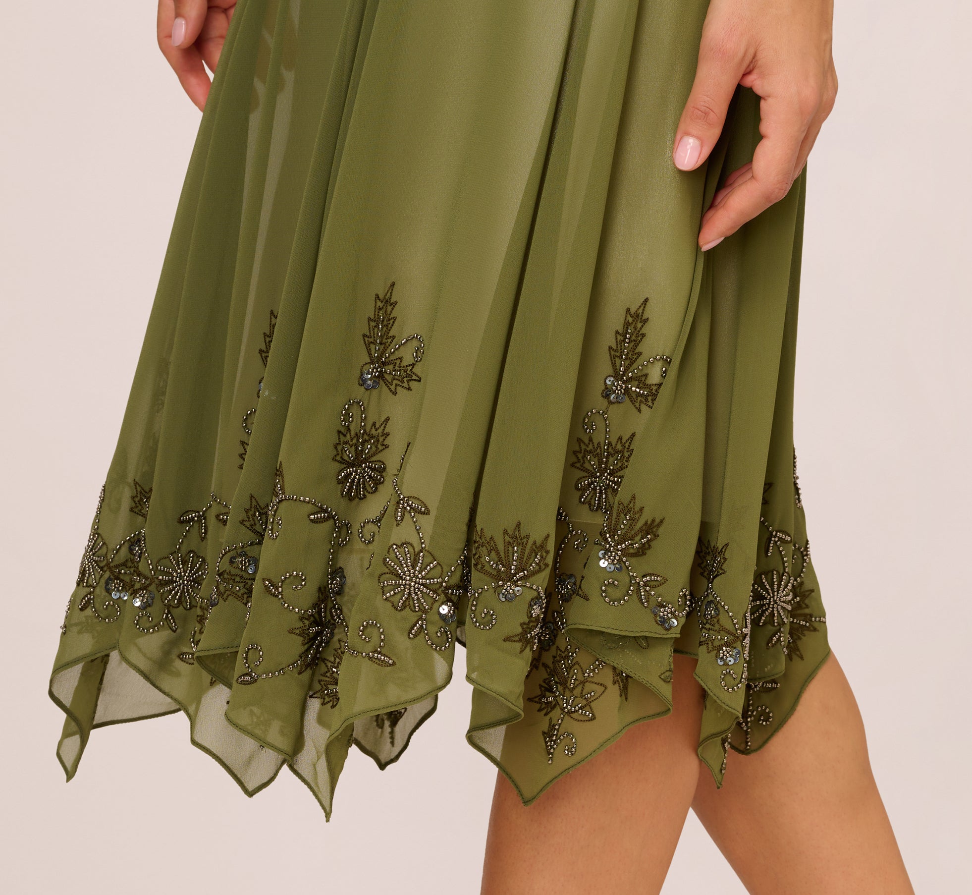 Vintage Beaded Midi Fairy Dress With Sharkbite Hem In Olive、mySite、solidvoid