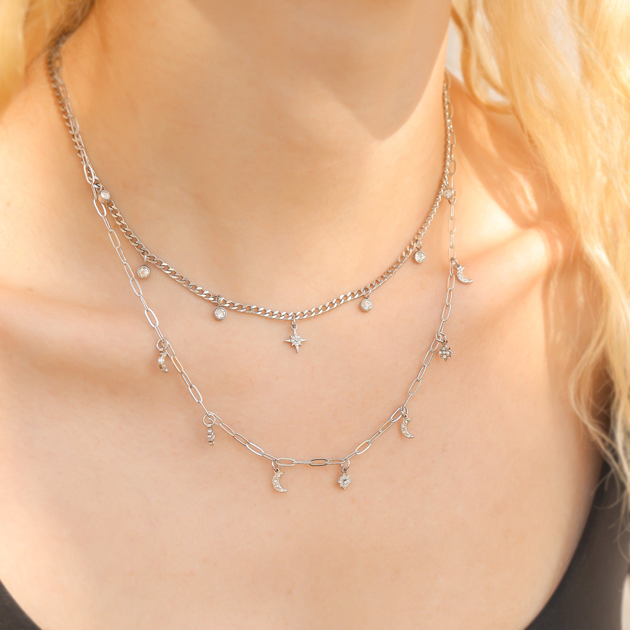 Stainless Steel Moon & Compass Star Charm Necklace / CHN0067、mySite、dreamappss