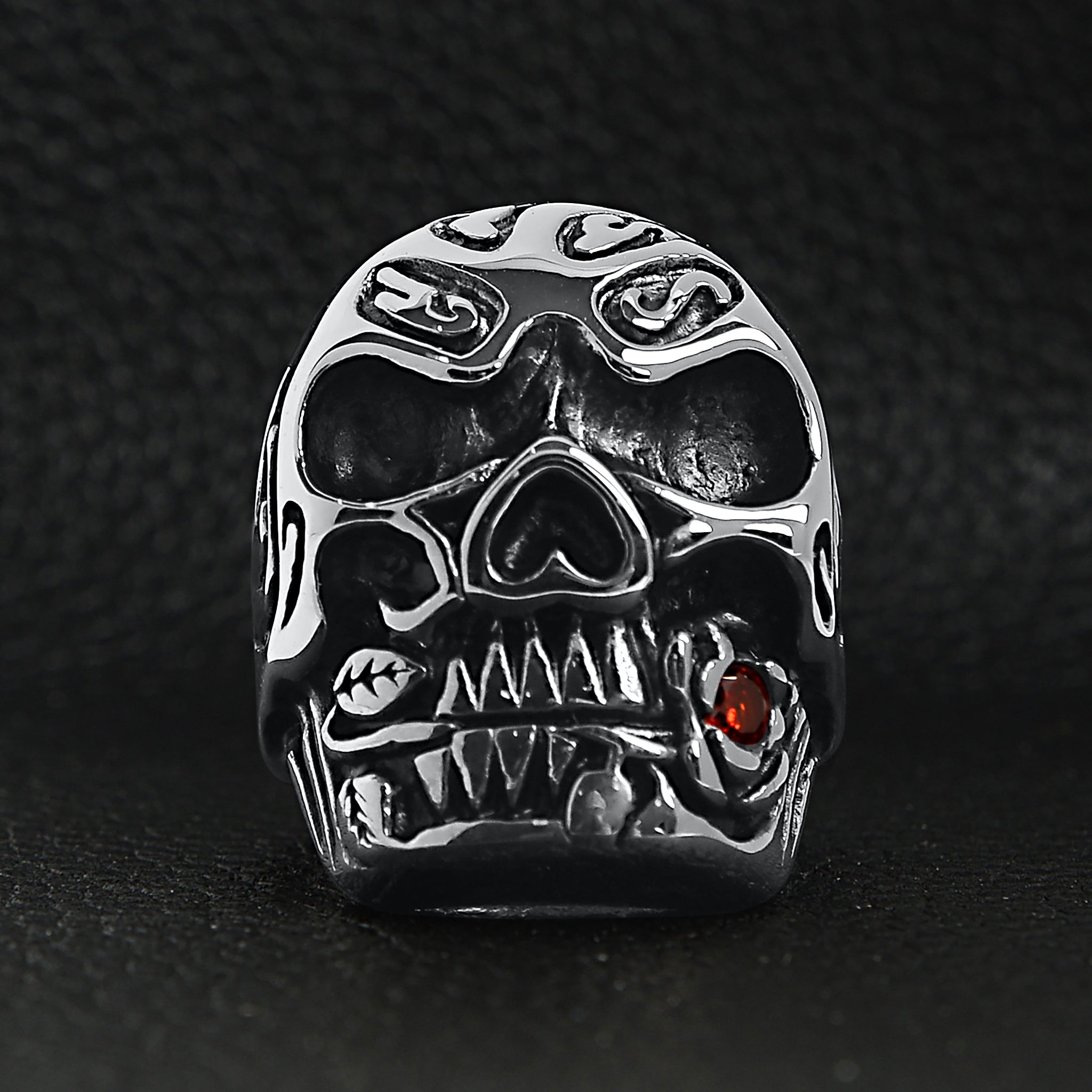 Stainless Steel Large Filigree Skull Biting Red CZ Rose Ring / SCR4000、mySite、dreamappss
