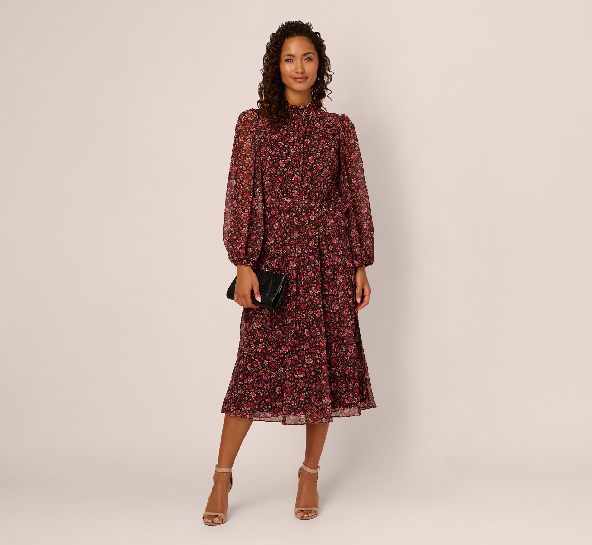 Long Sleeve Ditsy Floral Chiffon Midi Dress In Black Multi、mySite、solidvoid