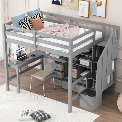 Twin Size Loft Bed with L-Shaped Desk and Drawers, Cabinet and Storage Staircase, White、、casual