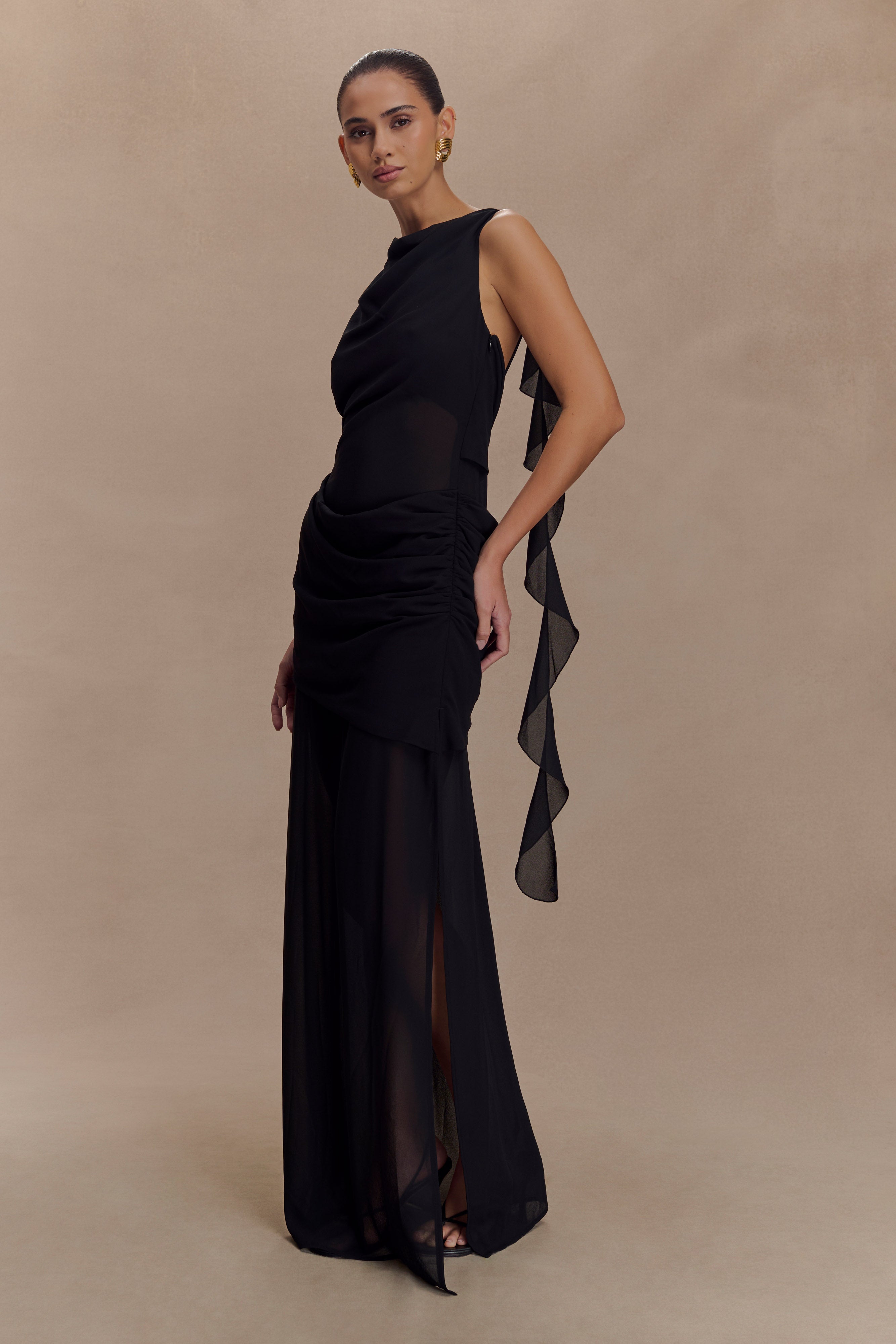 Daria Draped Chiffon Maxi Dress - Black、mySite、solidvoid