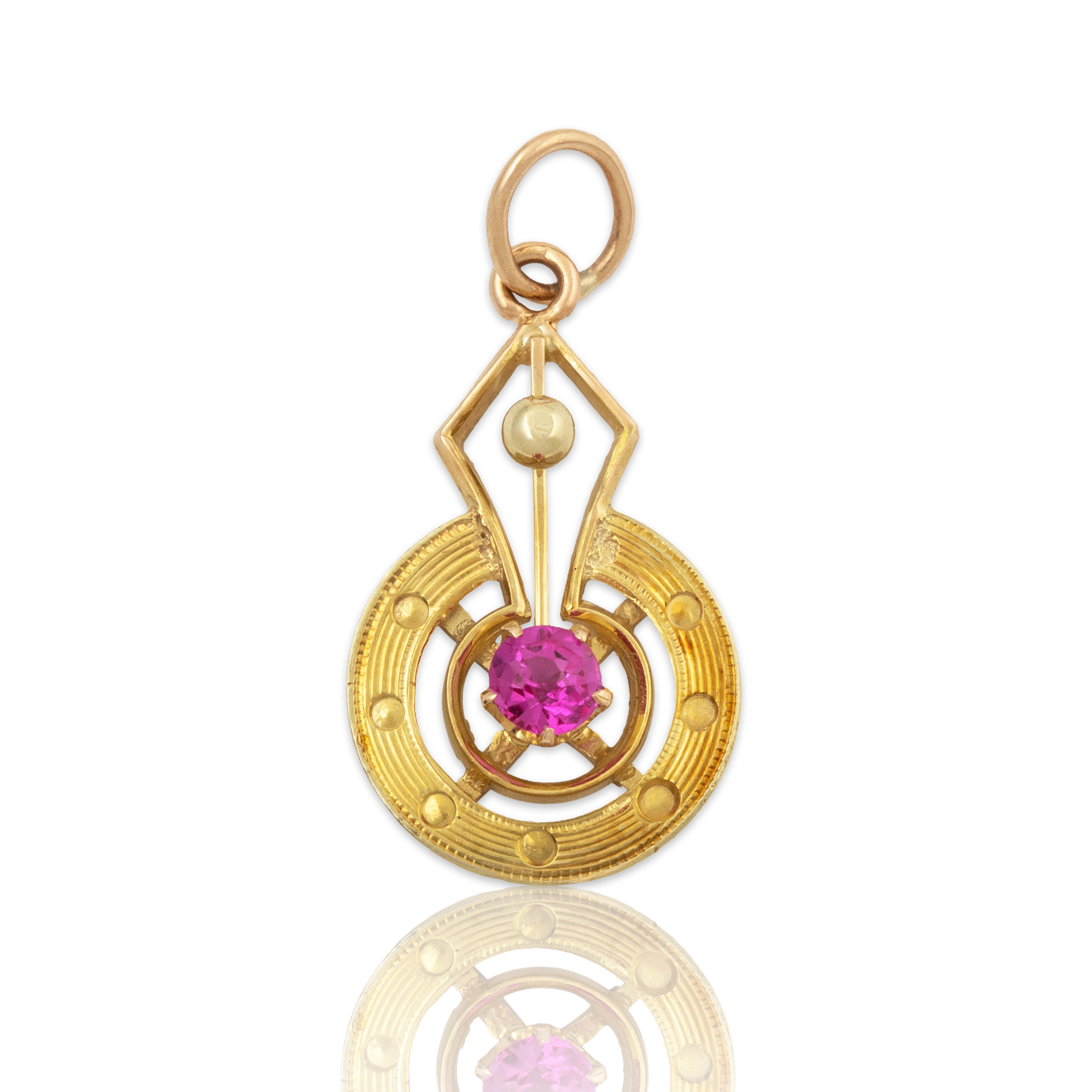 Antique Art Deco 14k Yellow Gold Synthetic Ruby Pierced Halo Pendant、mySite、hinf8tx79