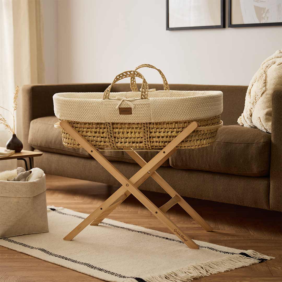  The Little Green Sheep Organic Wheat Knit Moses Basket + Mattress - Linen、mySite、merchandisen