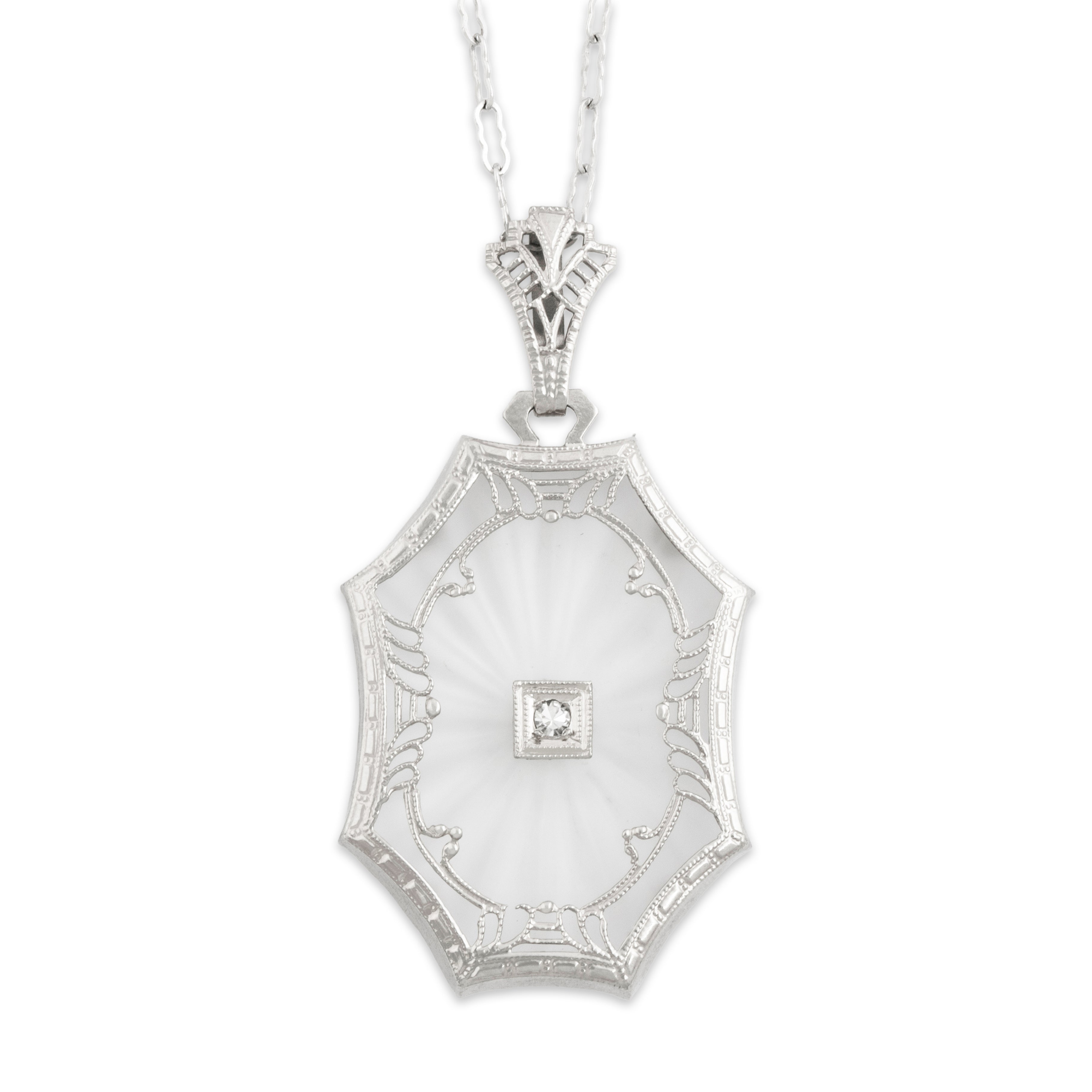 Antique Art Deco 14k White Gold Diamond Camphor Glass Geometric Necklace 16、mySite、hinf8tx79