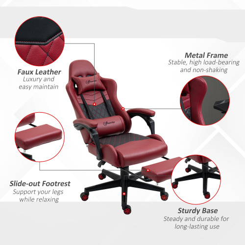 Vinsetto Racing Gaming Chair Diamond PU Leather Office Gamer Chair High Back Swivel Recliner with Footrest, Lumbar Support, Adjustable Height, Red、、casual