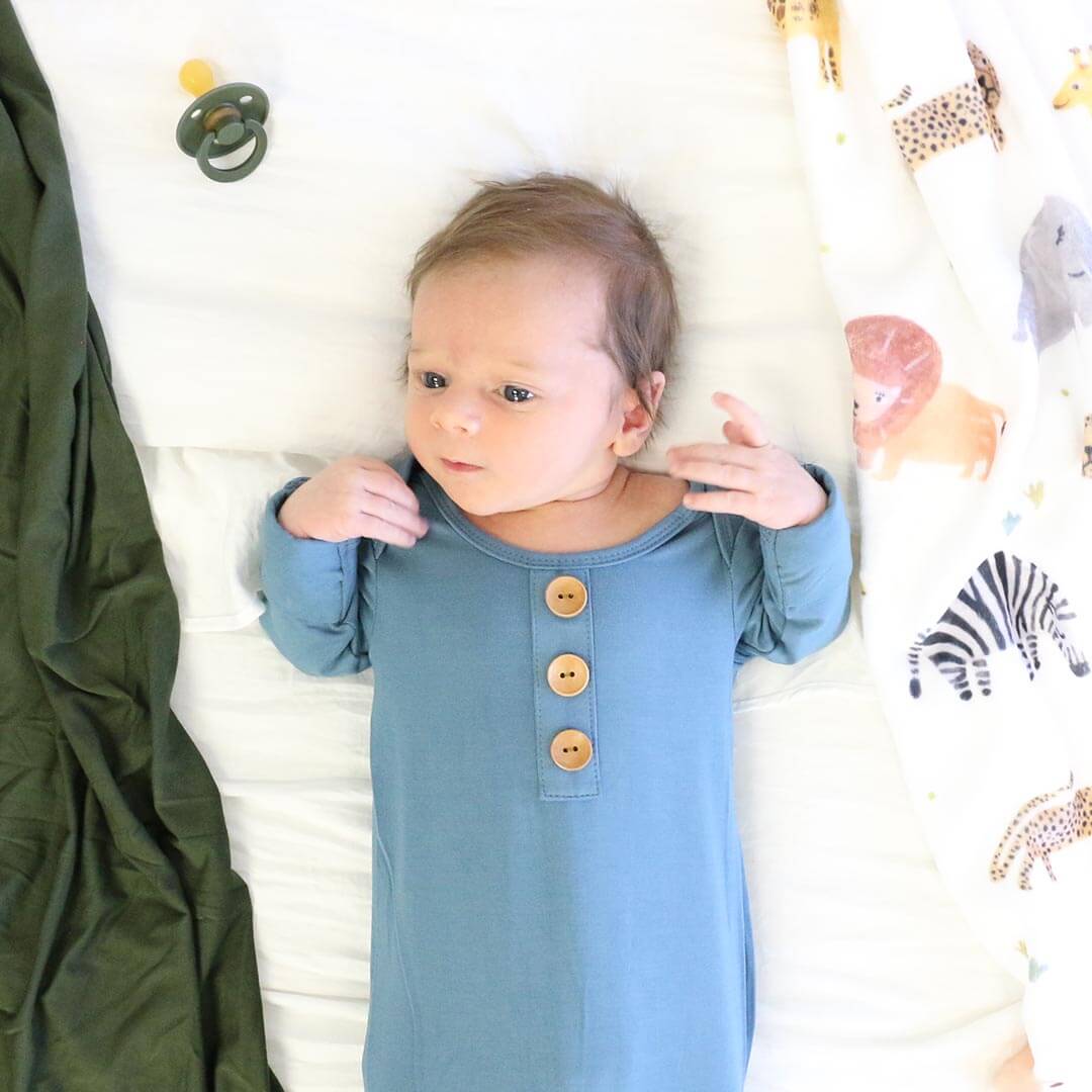  Solid Dusty Blue Bamboo Baby Knot Gown & Hat、mySite、layawaytickets