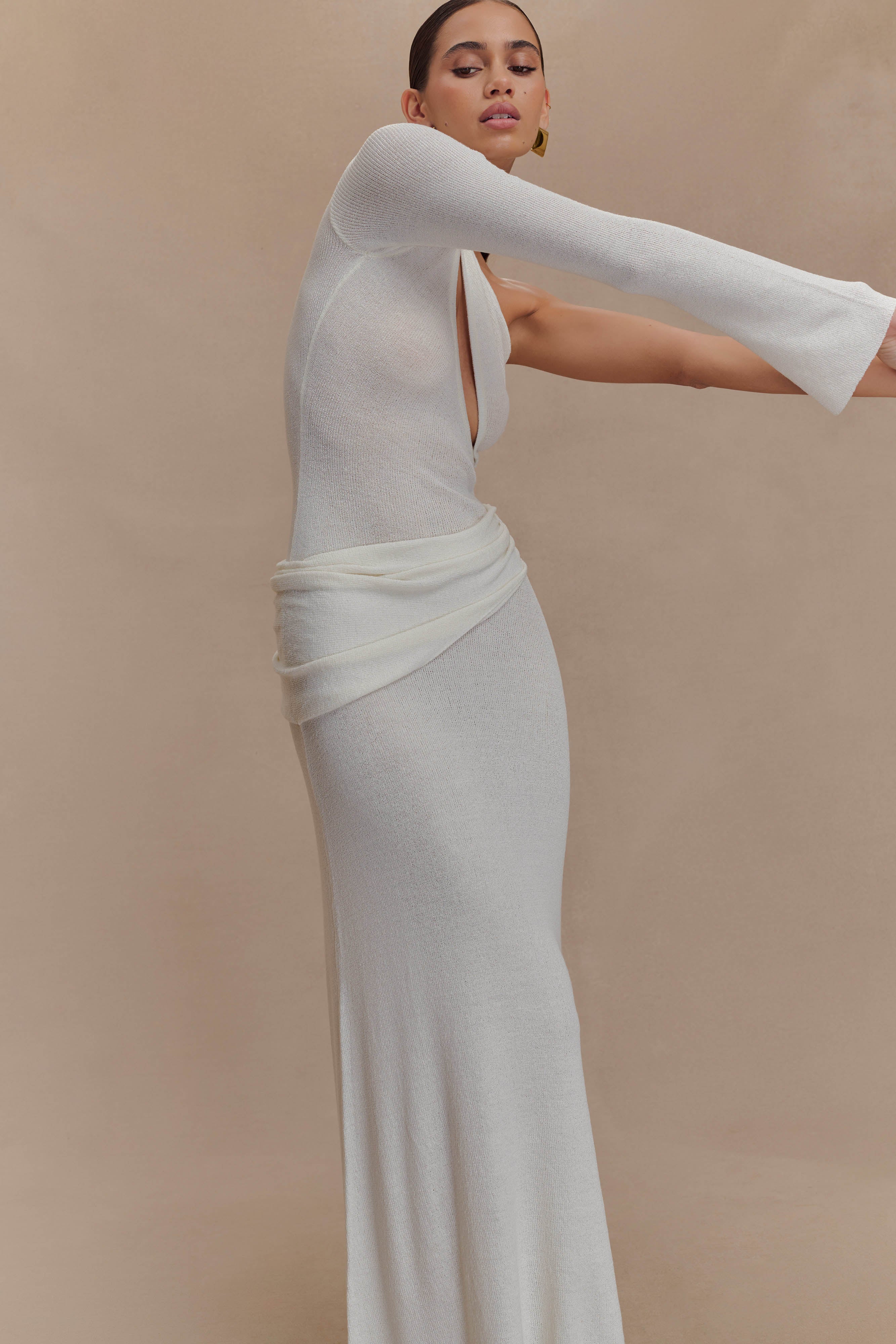 Alexius One Shoulder Knit Maxi Dress - Ivory、mySite、solidvoid