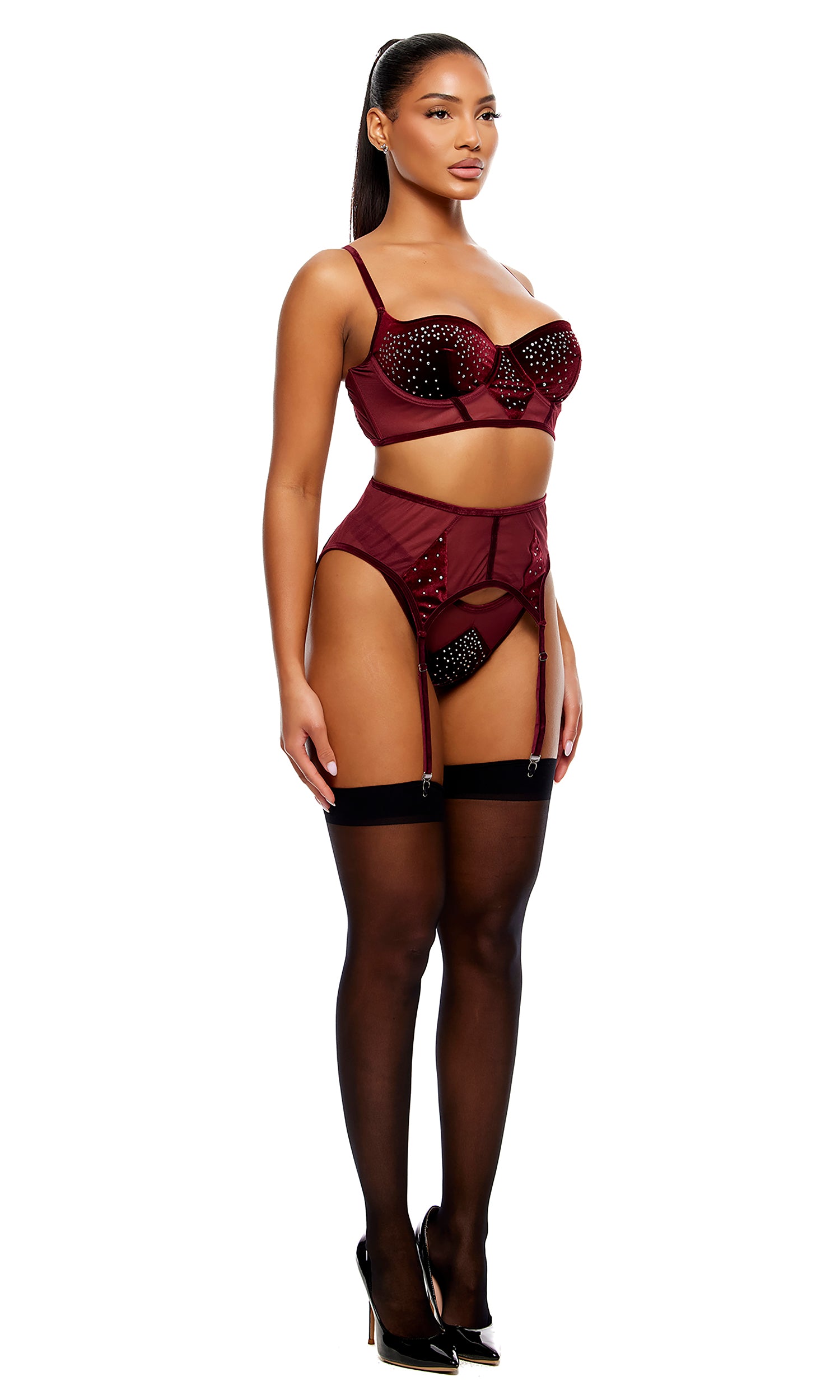 Caught Your Eye Velvet Rhinestone Longline Bra Lingerie Set - Wine、mySite、bengalsvssteelers