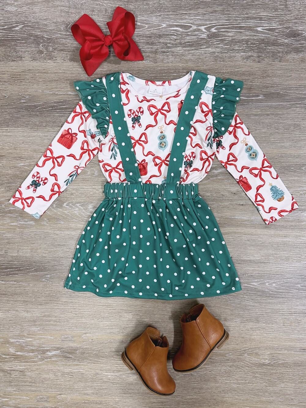 Holiday Cheer Green Polka Dot Girls Suspender Skirt Outfit、mySite、camillekostekn