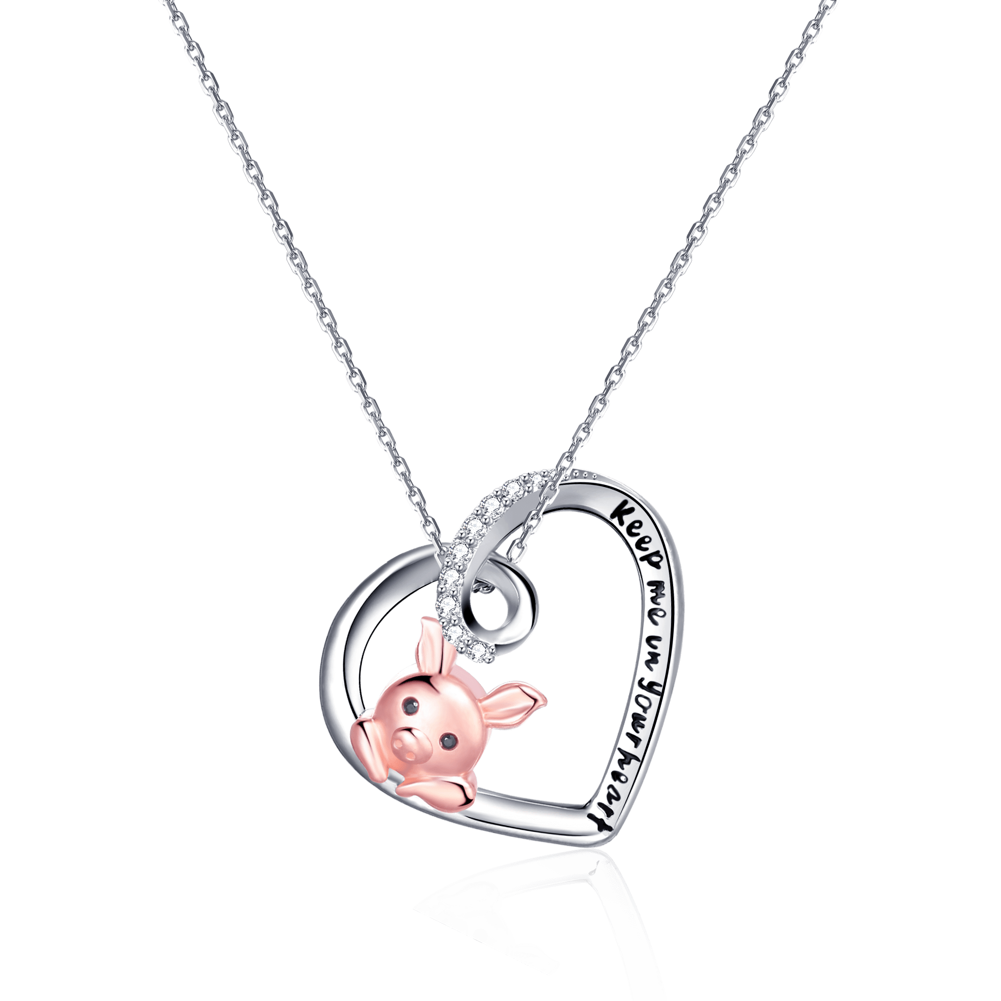 Pink Pig In Heart Necklace-Keep me in your heart Moissanite, Special Plating!、mySite、g9winljtr