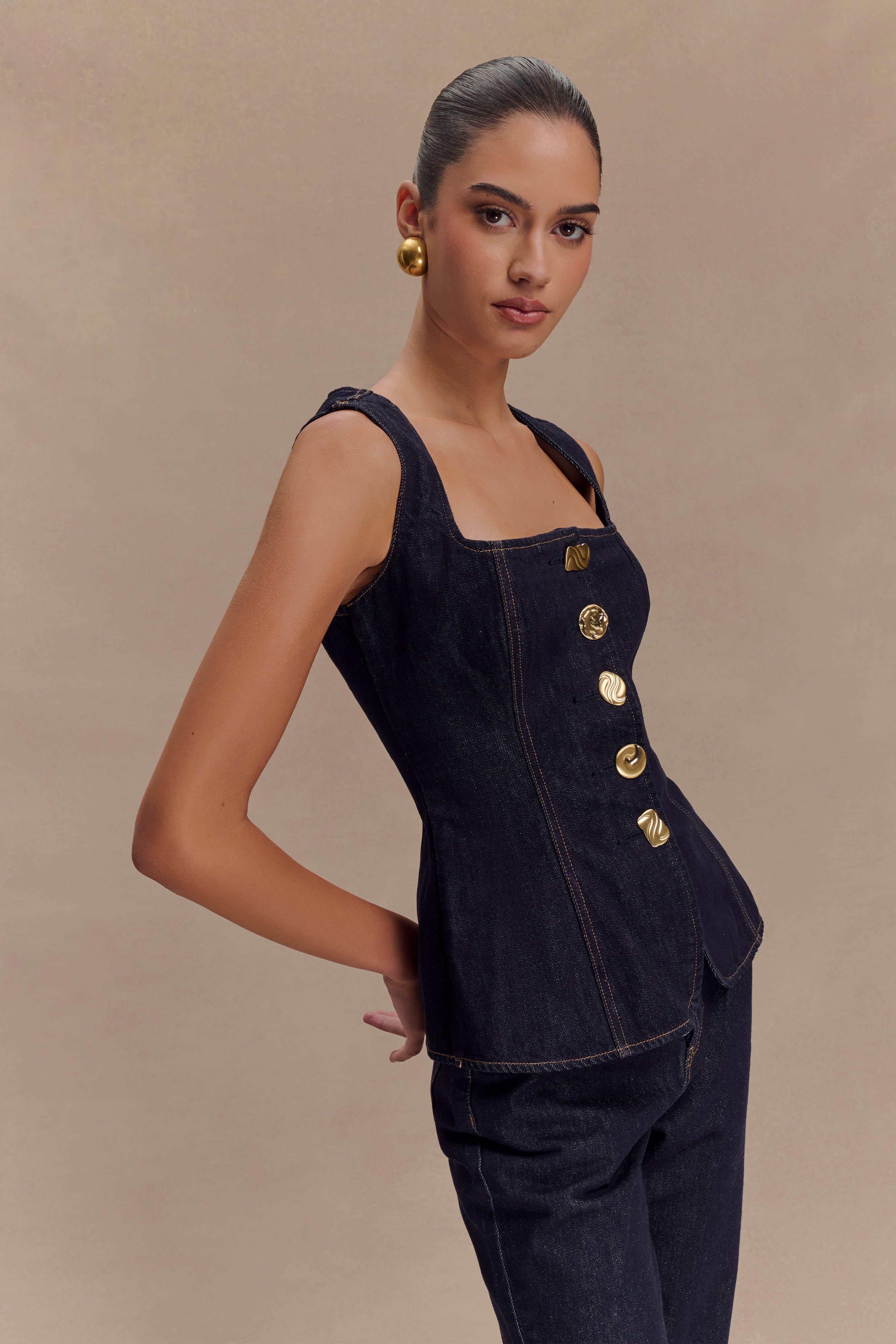 Neve Sleeveless Buttoned Denim Top - Washed Indigo Blue、mySite、solidvoid