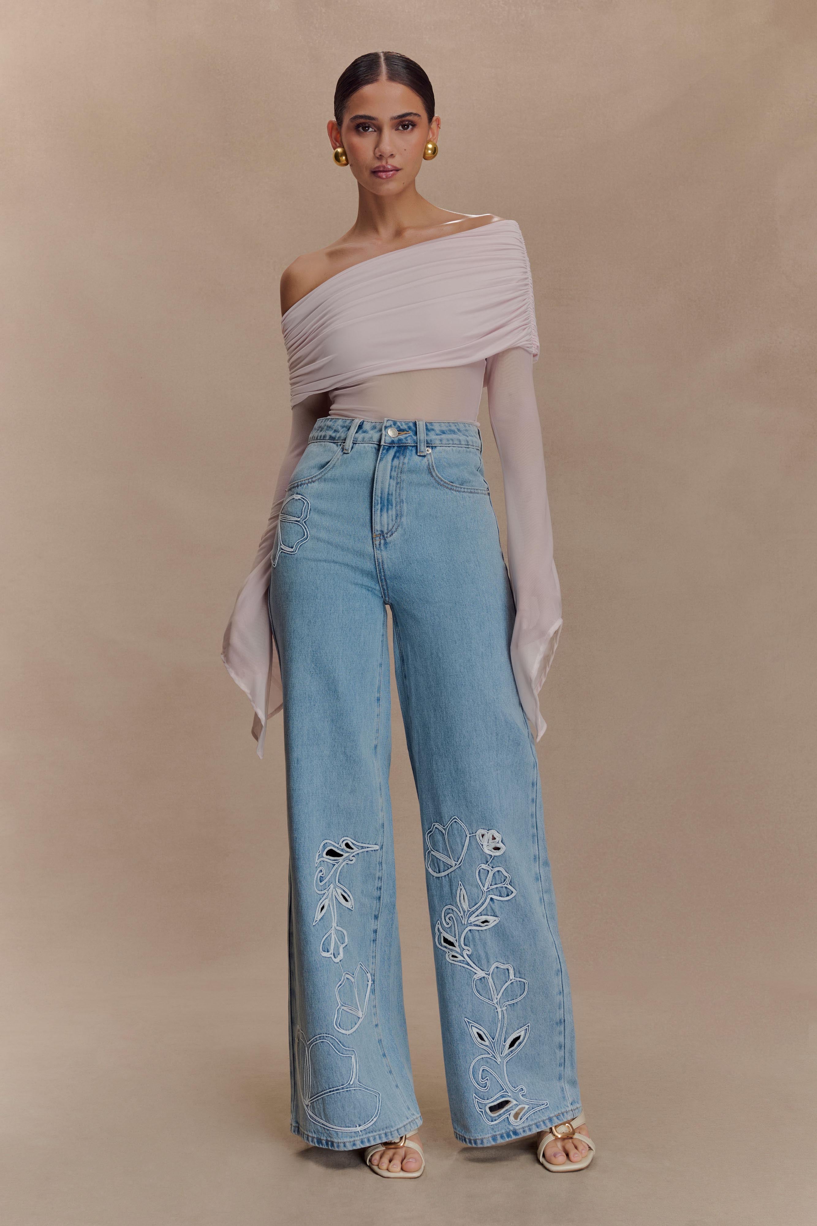 Carmella Embroided Straight Leg Jeans - Mid Blue、mySite、solidvoid