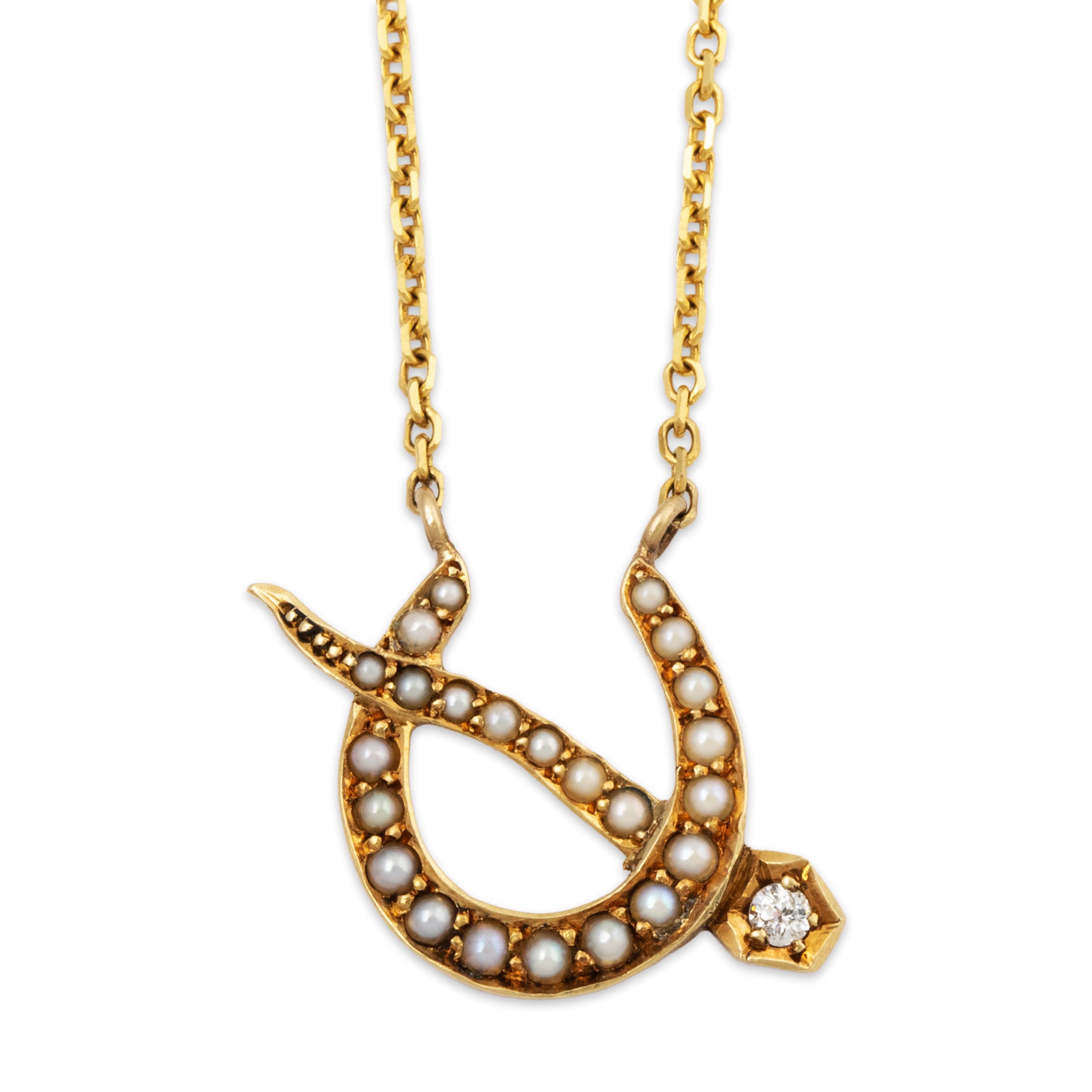 Antique Shreve & Co. 14k Yellow Gold Pearl Diamond Horseshoe Necklace 16-18、mySite、hinf8tx79