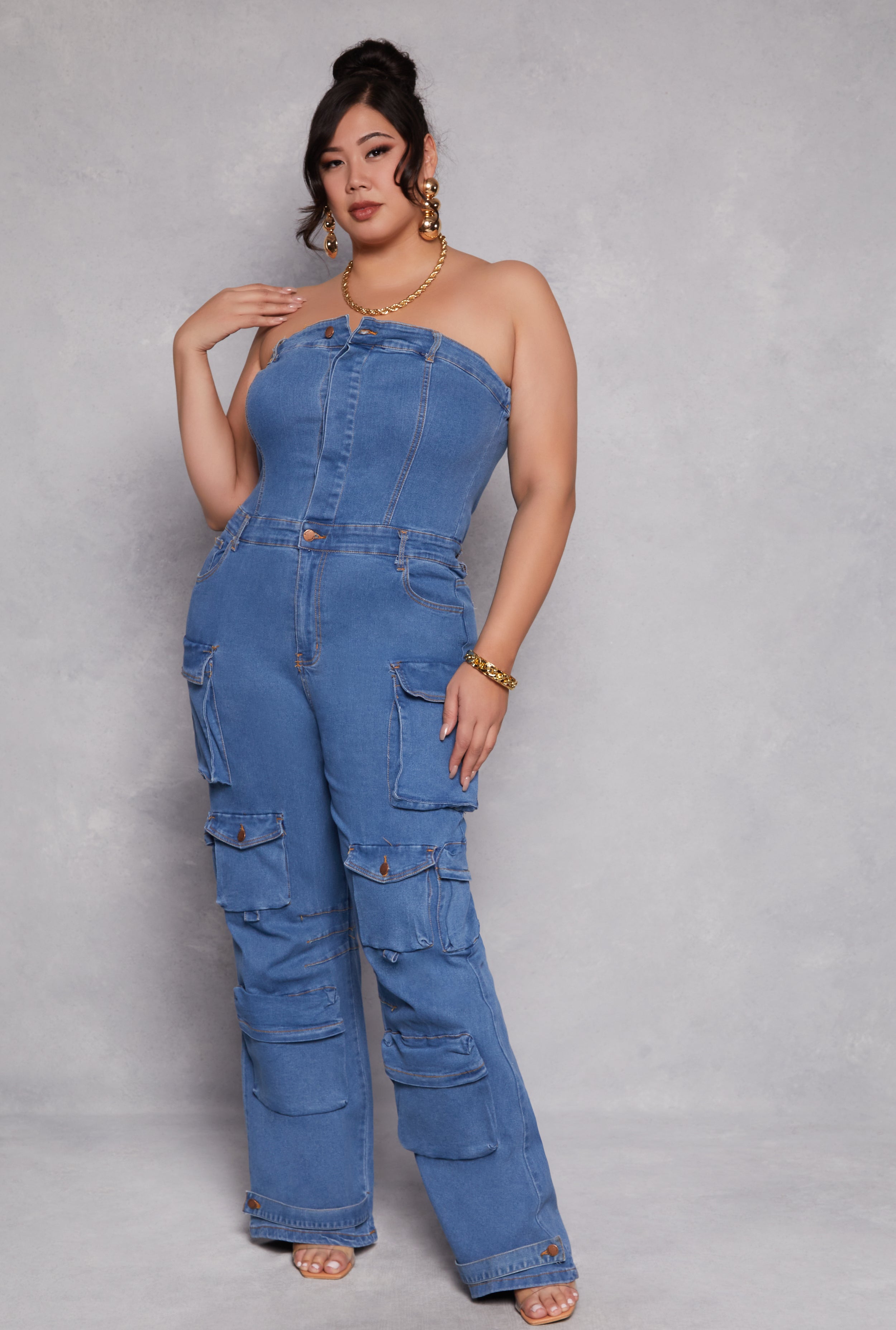 Plus Size Daisy Denim Strapless Utility Jumpsuit、mySite、camillekostekn