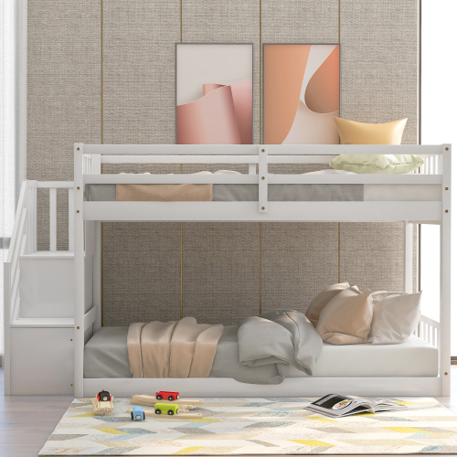 Twin over Twin Floor Bunk Bed, Ladder with Storage, Gray、、casual