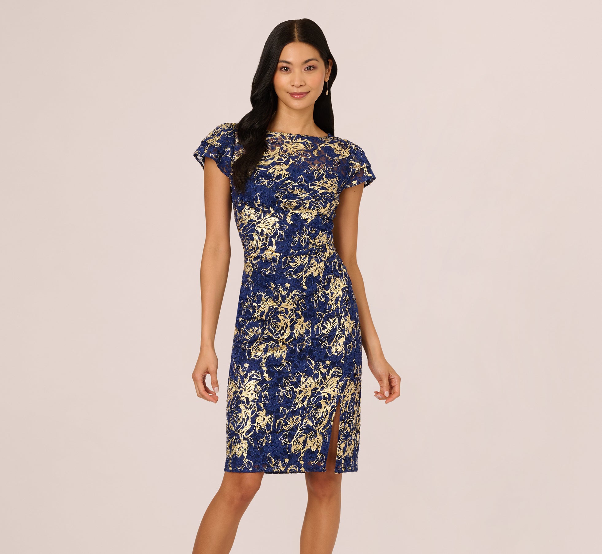 Cap Sleeve Foil Lace Sheath Dress In Navy Gold、mySite、solidvoid