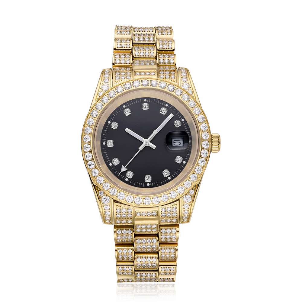 Moissanite Presidential Watch | Black Face | 41MM | 13.3CT Iced Out | 14K Yellow Gold、mySite、hinf8tx79