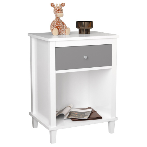26.77''H Wooden Nightstand with One Drawer One Shelf for Kids, Adults, White+Golden handle、、casual