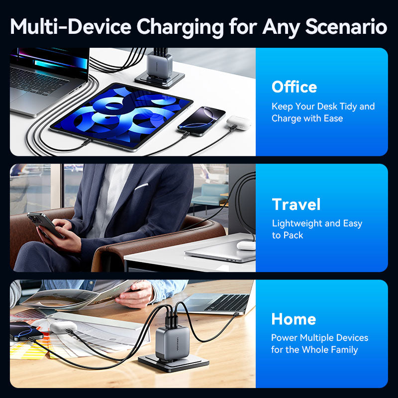 Vention 4-Port USB (C + C + A + A) GaN Charger (100W/100W/30W/30W) Gray with USB-C to USB-C Cable (1M) Black EU-Plug、mySite、fannypackpong