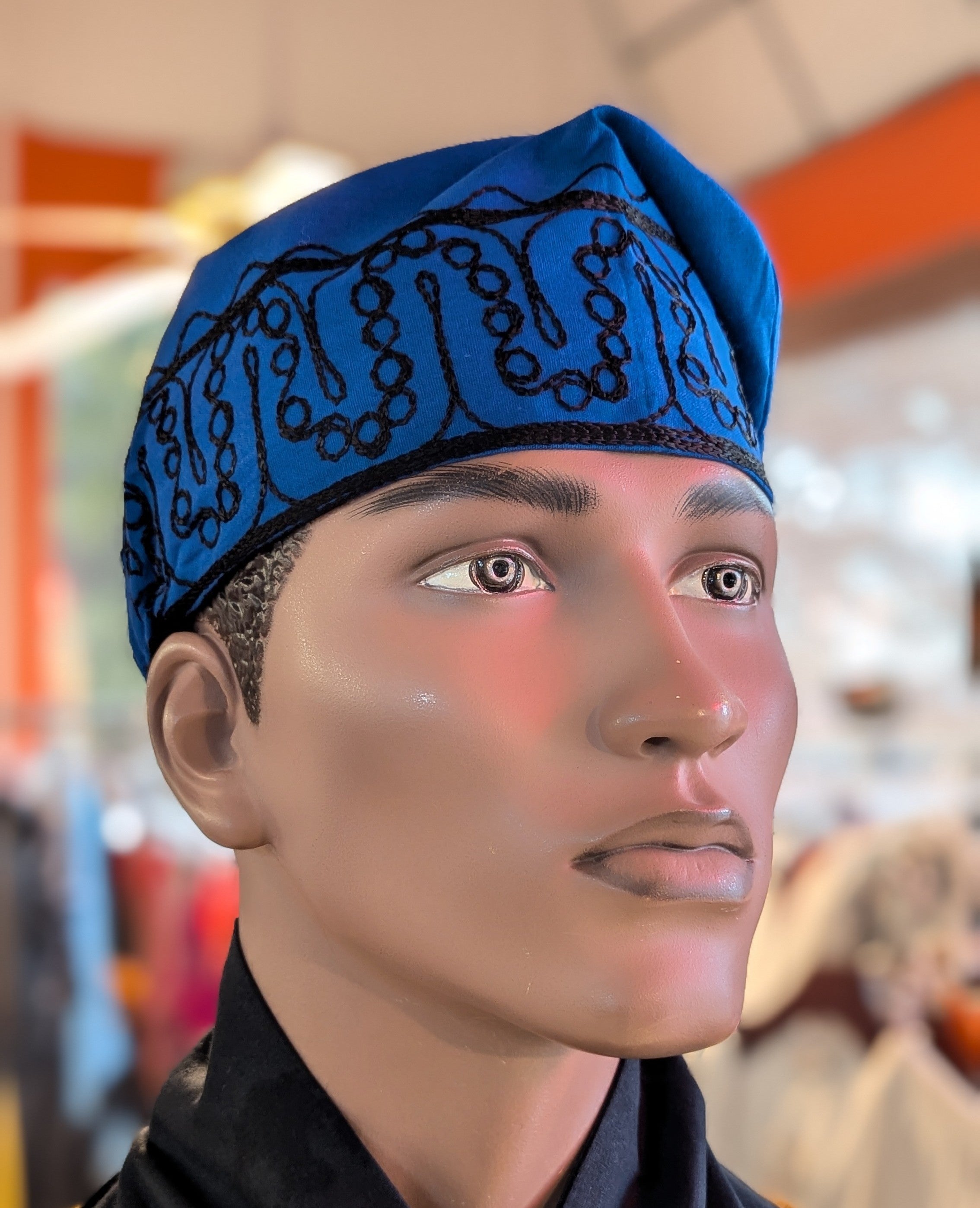 Dupsie's Ajogun Adebo Royal-Blue African Cotton Adebo Fila Kufi Cap with Black Embroidery DPH4094、mySite、solidvoid