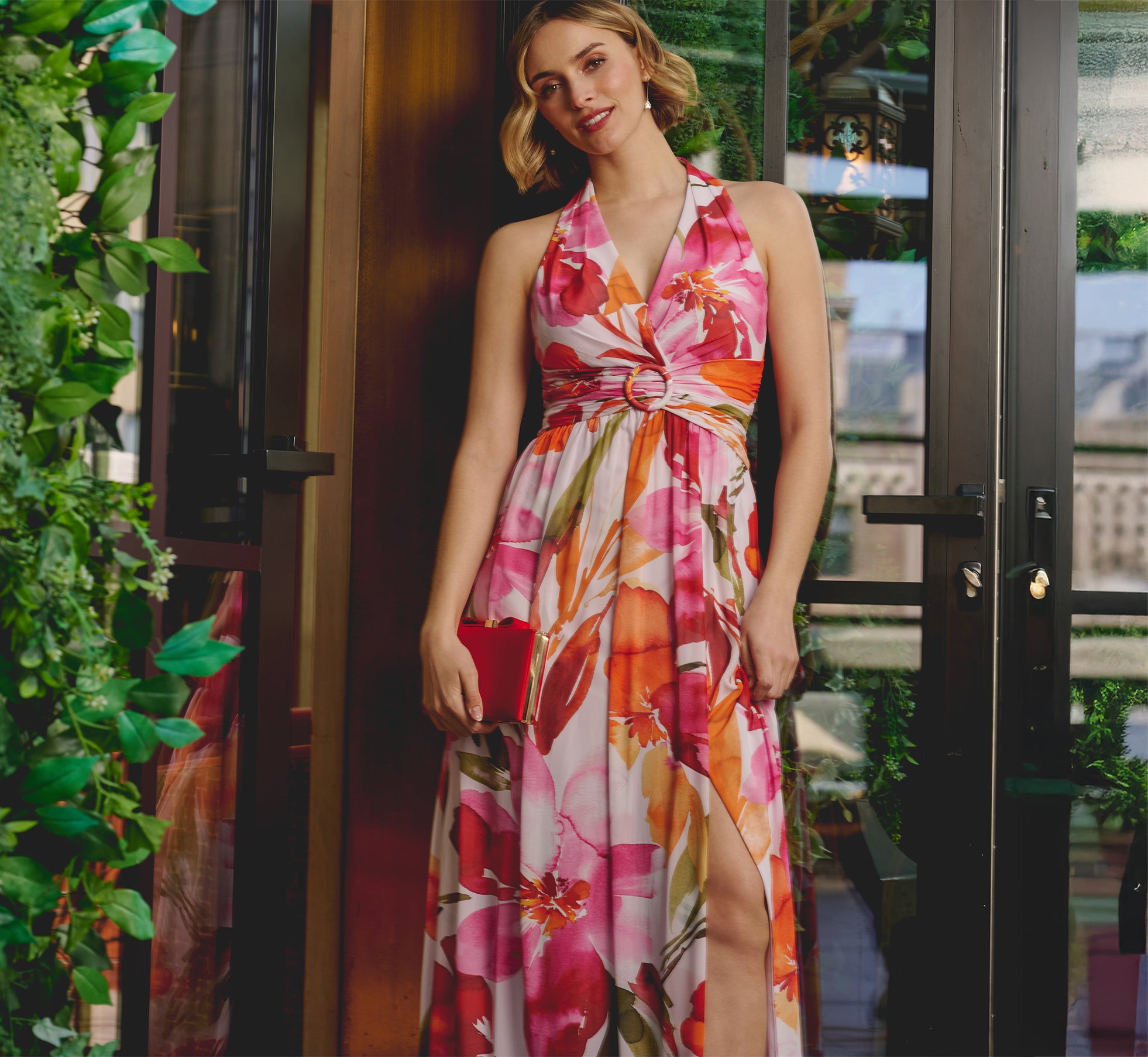 Sleeveless Surplice Floral Chiffon Gown In Pink Orange Multi、mySite、solidvoid