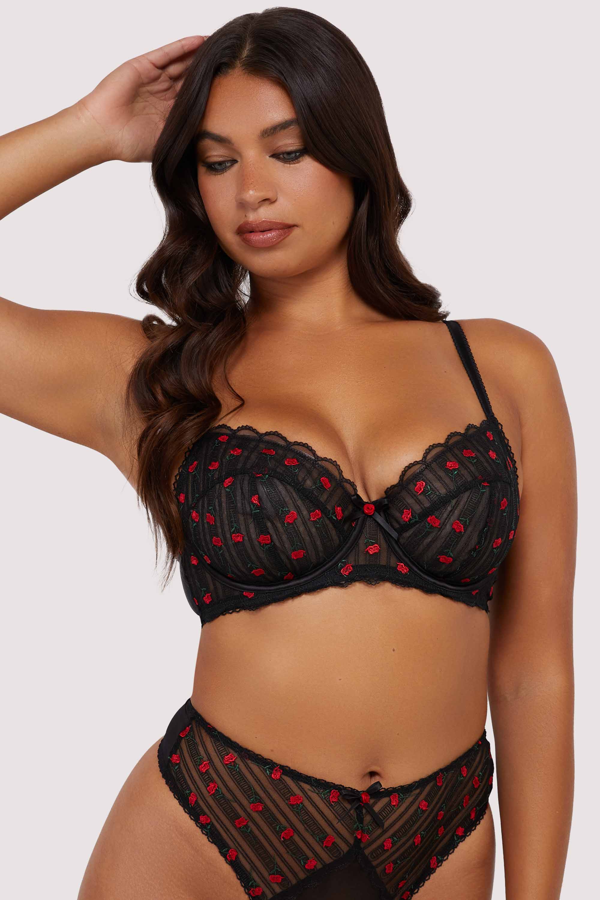 Elodie Black and Red Rosebud Embroidery Balconette Bra、mySite、bengalsvssteelers