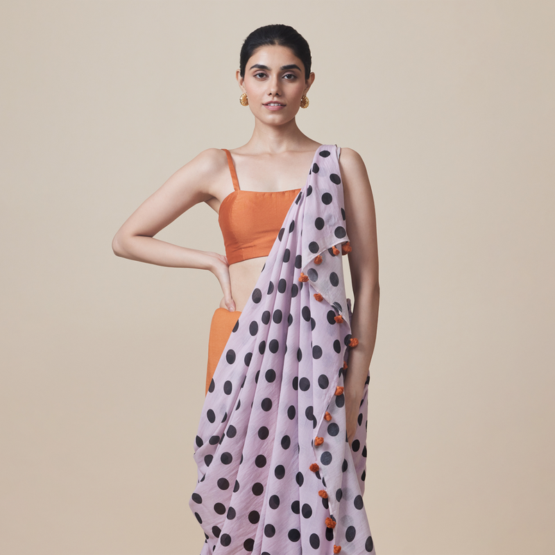 Cotton Solid Saree with Blouse | Polka Dots | Orange & Lilac、mySite、camillekostekn