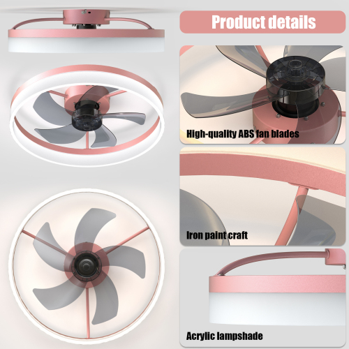 Ceiling Fans with Lights Dimmable LED Embedded installation of thin modern ceiling fans(Pink)、、eastwooduniform
