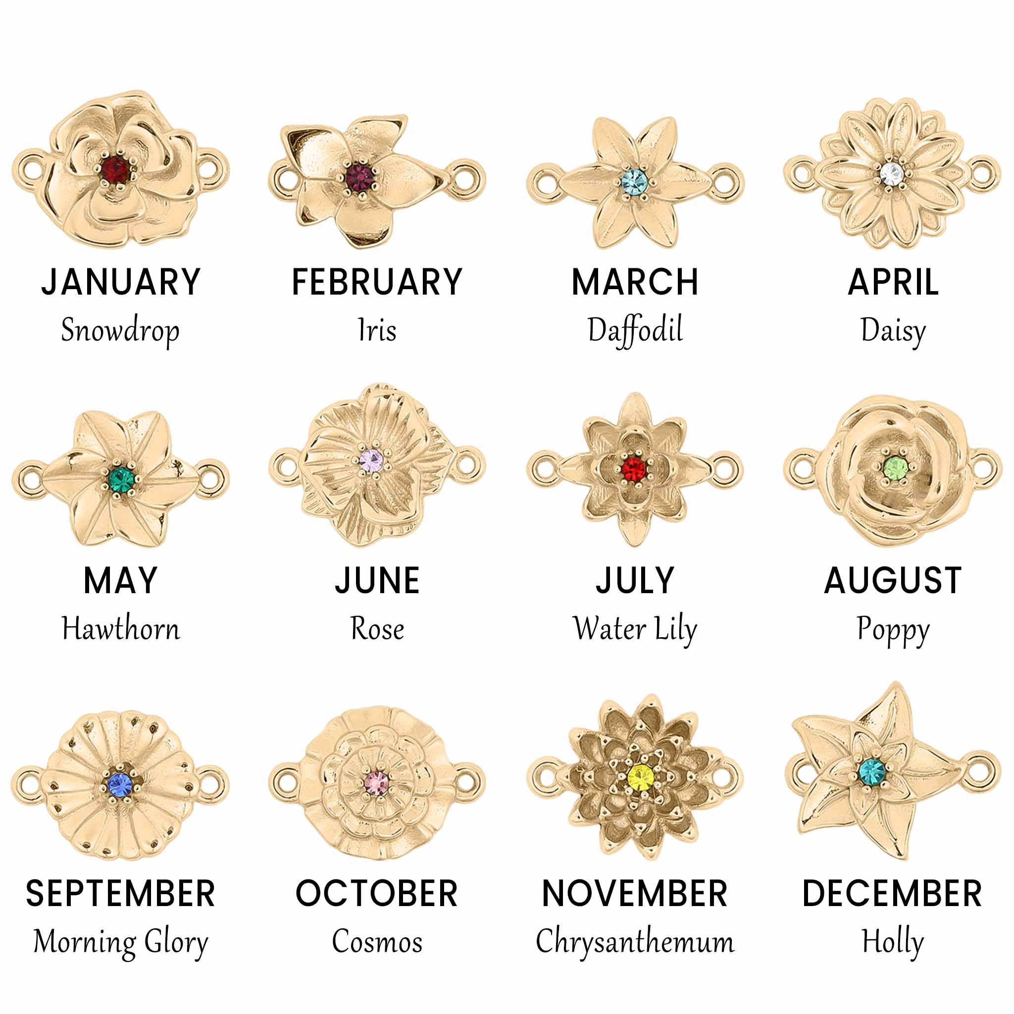 18K Gold PVD Stainless Steel 3D Birth Flower Connector Charms / SBB0356、mySite、dreamappss