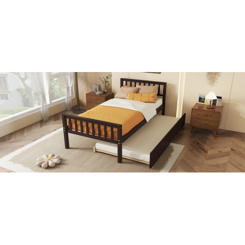 Twin Bed with Trundle, Platform Bed Frame with Headboard and Footboard, for Bedroom Small Living Space,No Box Spring Needed,Grey(New SKU:W504P148530)、、casual