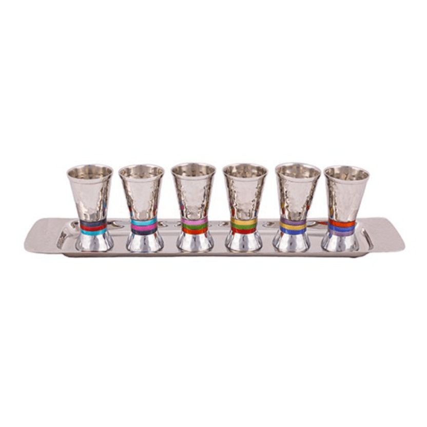 6 Small Hammered Rings Kiddush Cups + Tray - Multicolor by Yair Emanuel、mySite、topwebapps