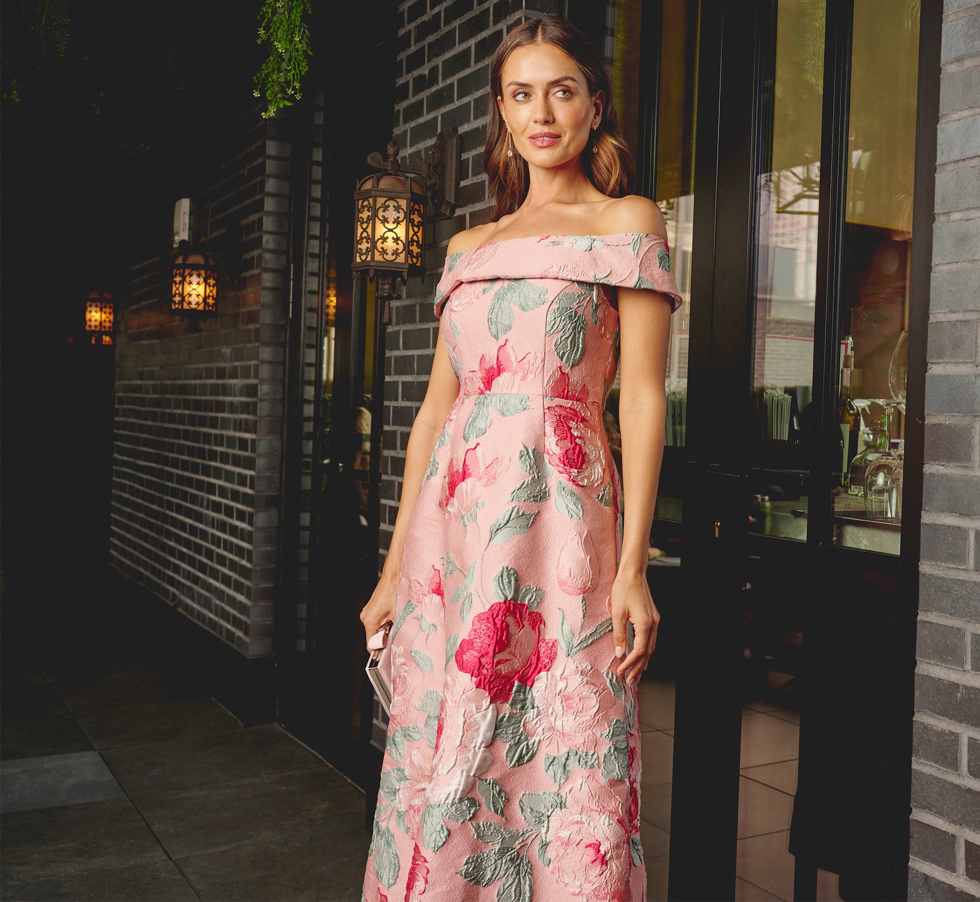 Off Shoulder Floral Jacquard Fit And Flare Gown In Pink Multi、mySite、solidvoid