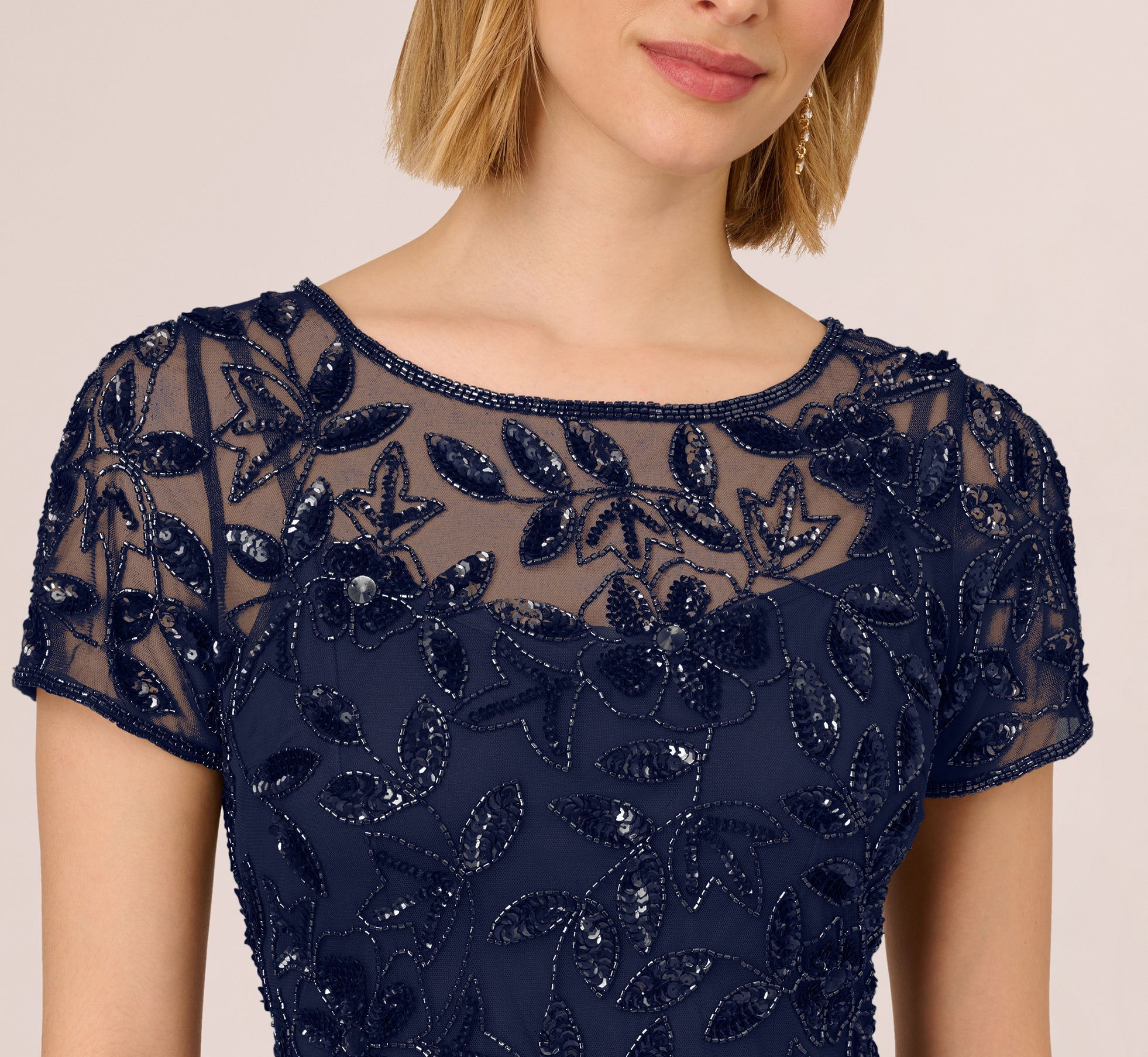 Hand Beaded Short Sleeve Floral Godet Gown In Light Navy、mySite、solidvoid