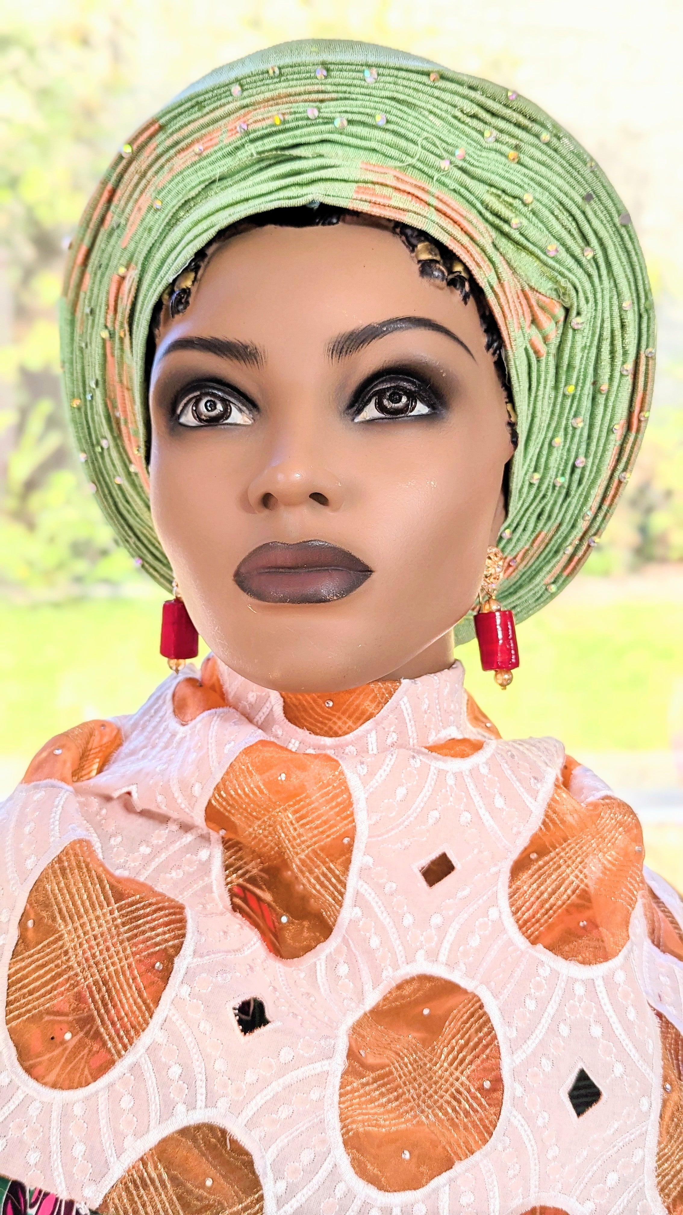Arawa Mint Green and Orange Aso Oke African head tie Autogele ready gele pre-tied head wrap hat-DPAGMGO11、mySite、solidvoid