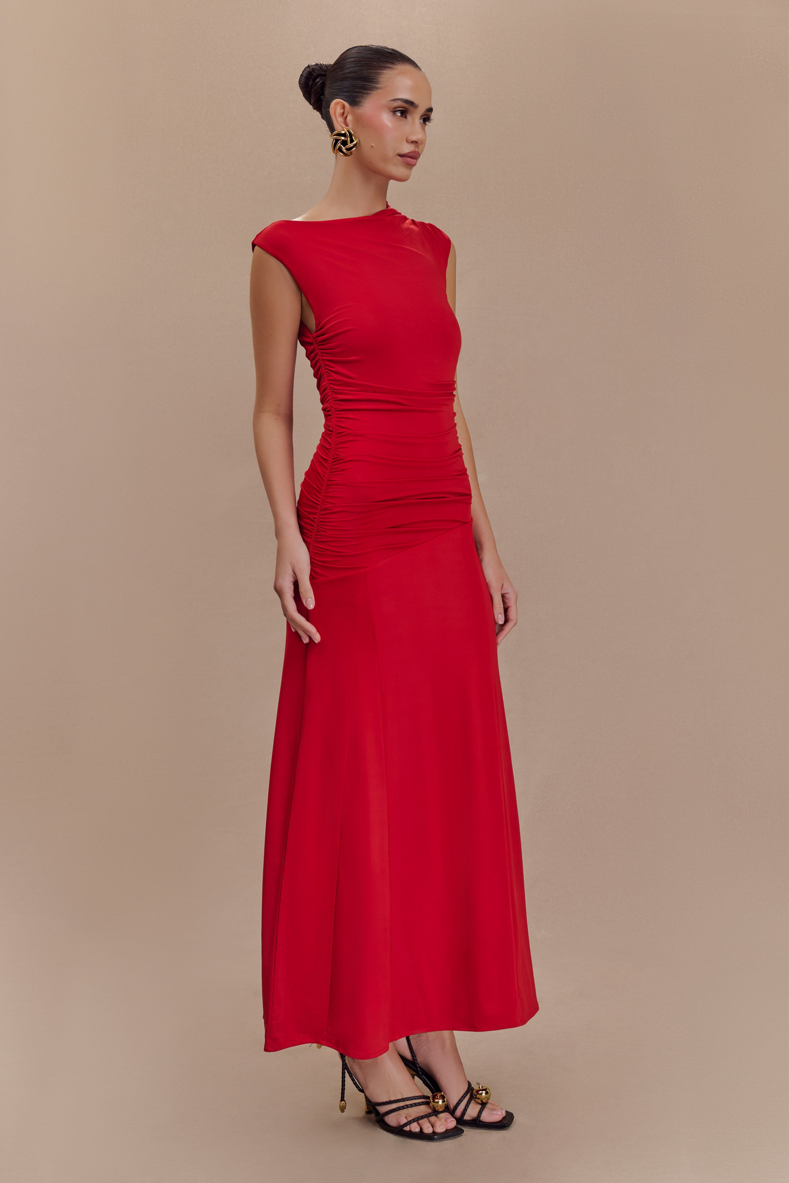 Navanna Asymmetric Slinky Midi Dress - Red、mySite、solidvoid