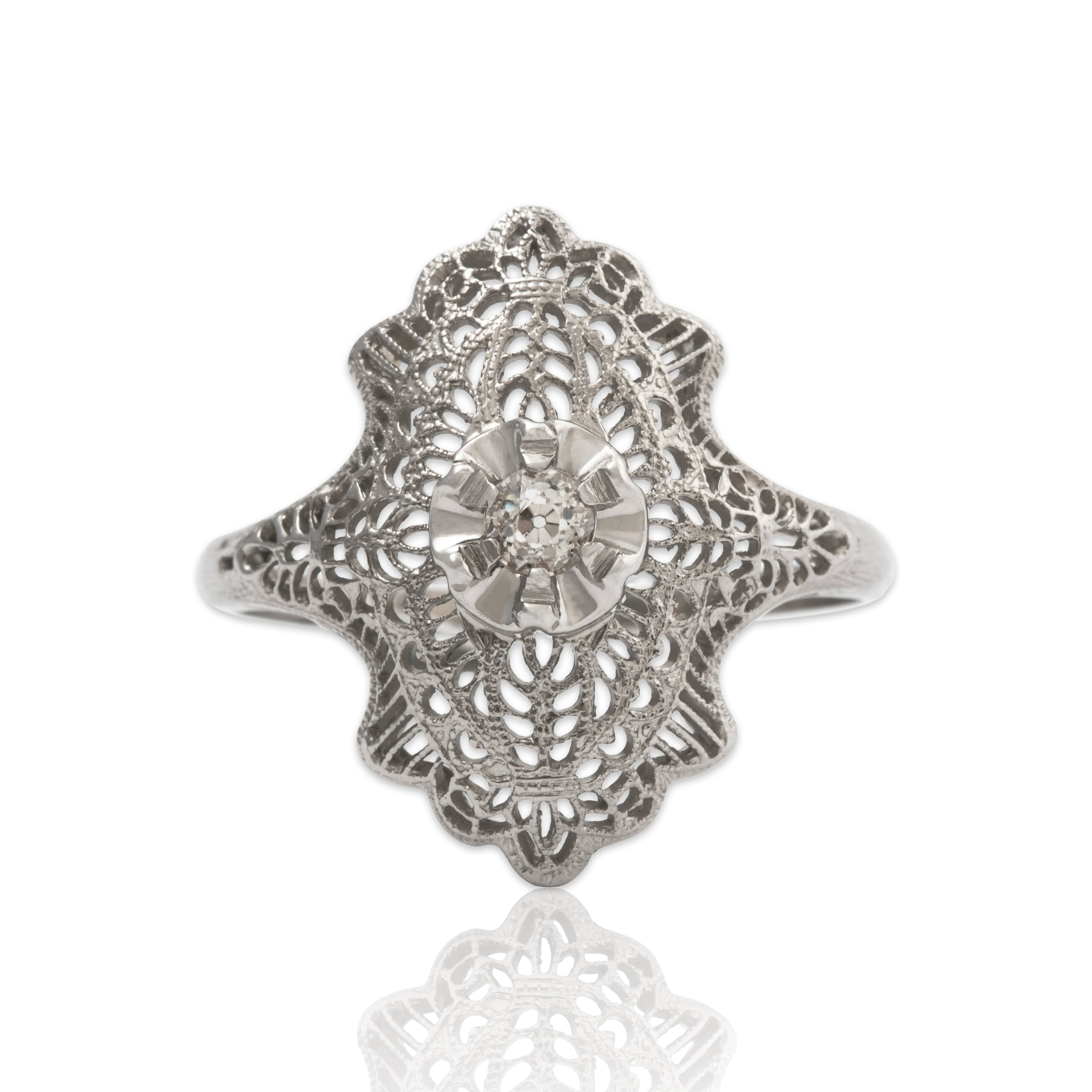 Antique Art Deco 14k White Gold Old Mine Cut Diamond Intricate Filigree Ring、mySite、hinf8tx79