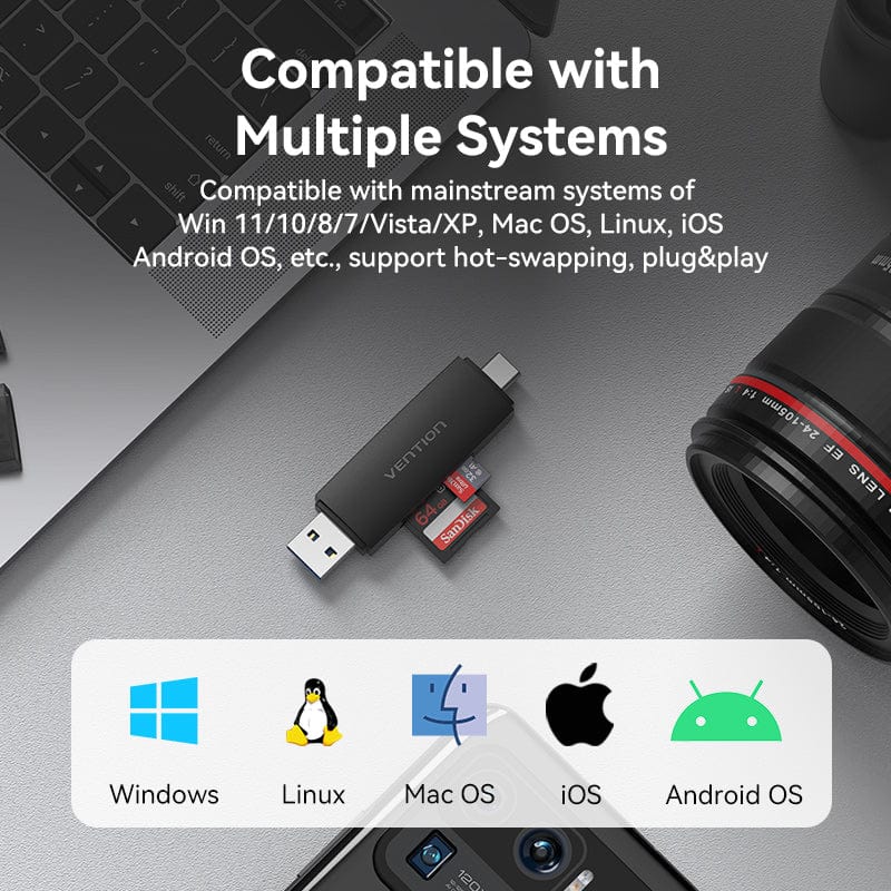Vention 2-in-1 USB 3.0 A+C Card Reader(SD+TF) Black Dual Drive Letter、mySite、fannypackpong
