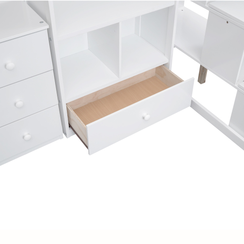 Twin Size Loft Bed with L-Shaped Desk and Drawers, Cabinet and Storage Staircase, White、、casual