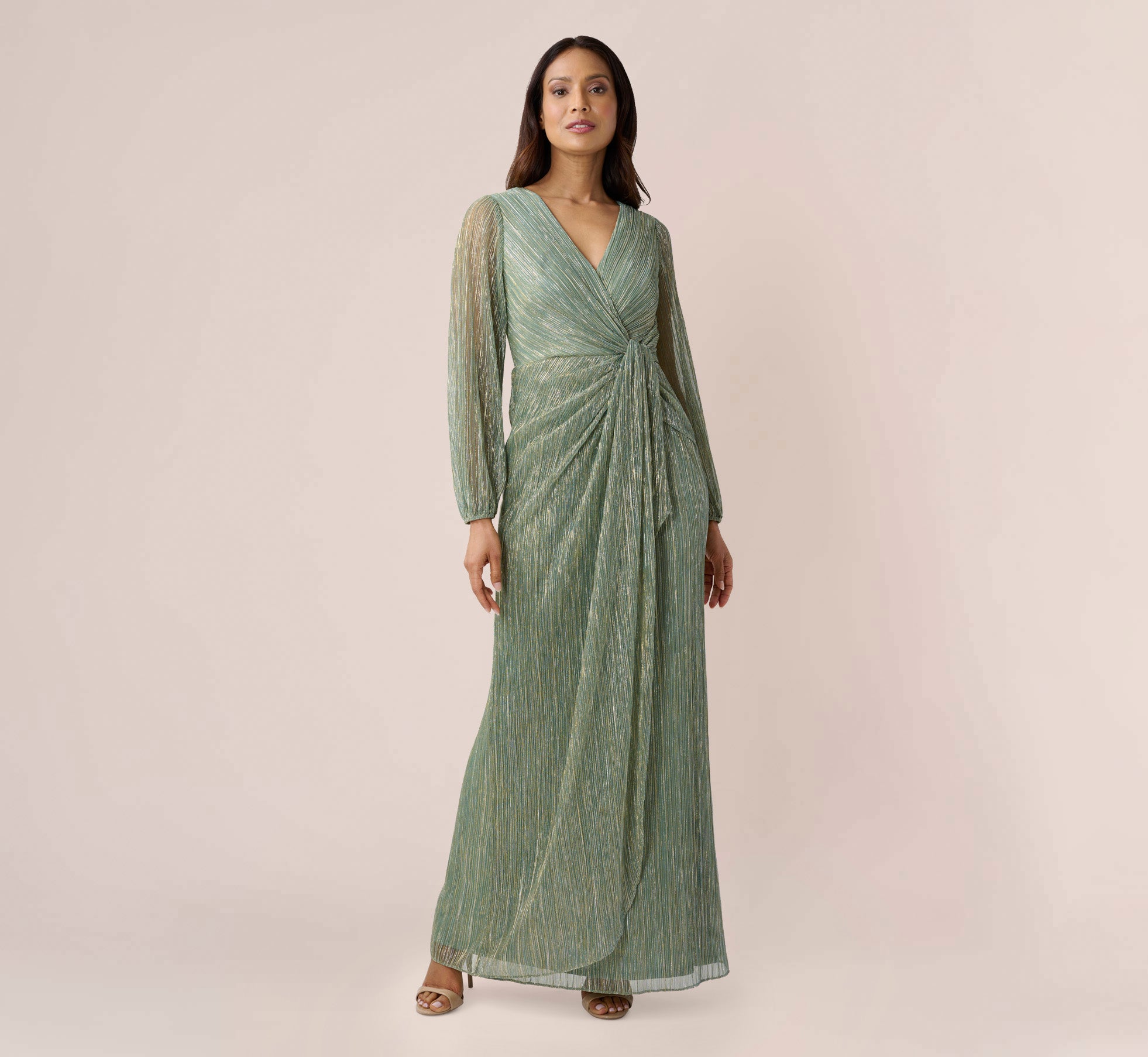 Metallic Crinkled Mesh Draped Long Gown In Green Slate、mySite、solidvoid