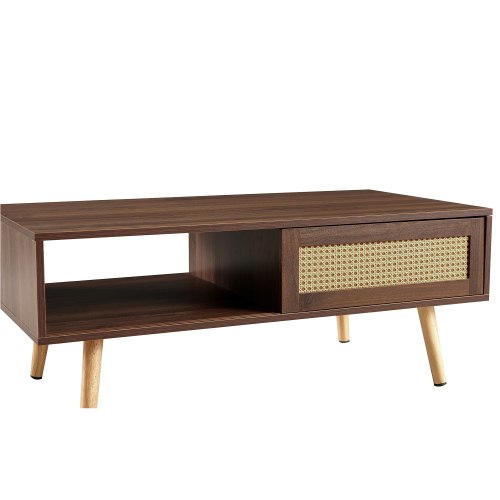 41.34" Rattan Coffee table, sliding door for storage, solid wood legs, Modern table for living room , natural、、casual