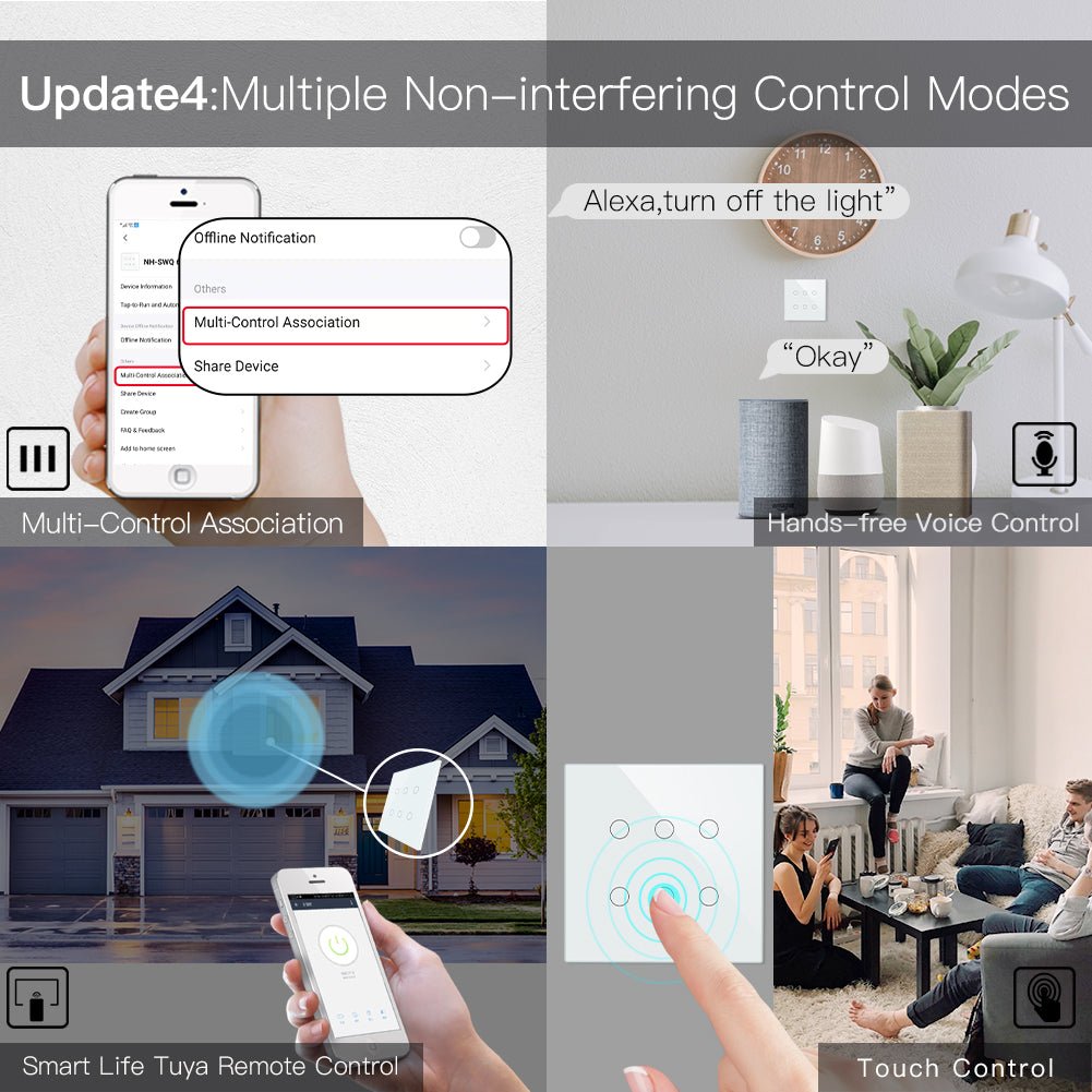 WiFi RF433 Smart 6 Gang Wall Touch Light Switch 2/3 Way Multi-Control Neutral Wire Required、mySite、fannypackpong