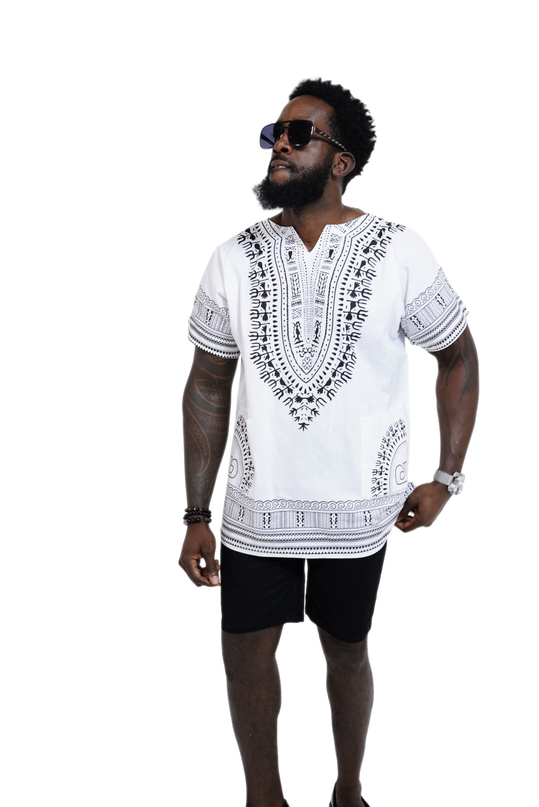Dupsie's White African Print Unisex Dashiki Shirt Suitable for Festivals, Concerts, Cruises, Outdoor Events -DP3830M、mySite、solidvoid