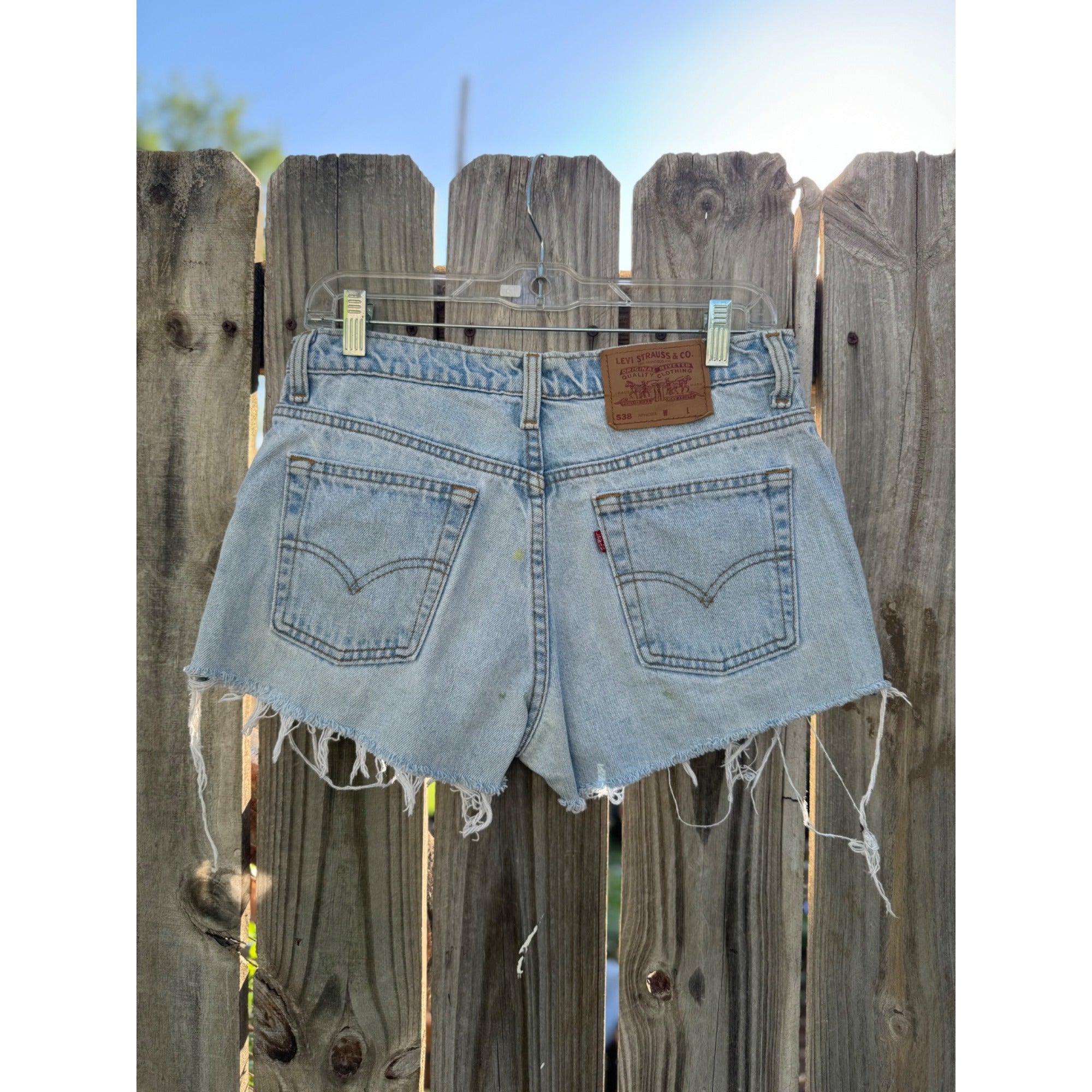 90's Levi's 538 Hiphugger Light Wash Cut Off Raw Hem Denim Shorts 29、mySite、garagedoors4me